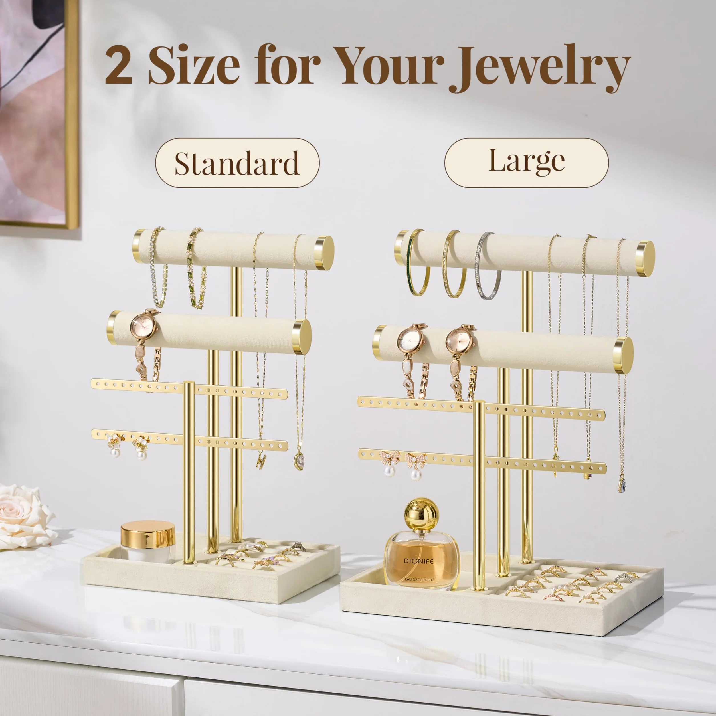 Josmimic Organizador de joyas con 3 niveles – Grande Beige Soporte para joyas pulseras de terciopelo para pulsera, collar, relojes, anillos