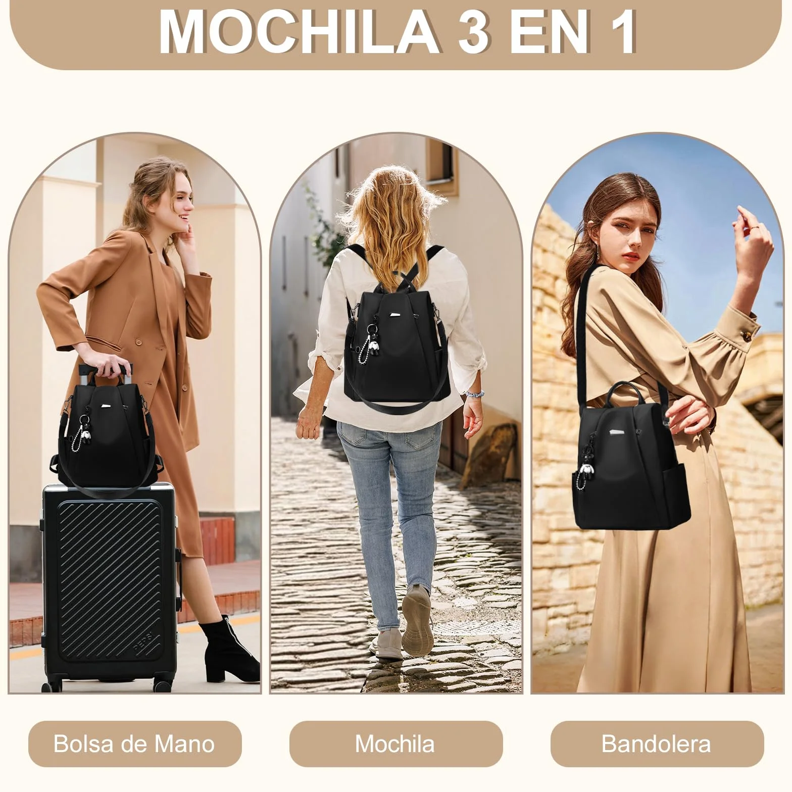 Eshow Mochila Antirrobo para Mujeres y Chicas, se Puede como Bolso de Hombro o Bolsa Bandolera, Adecuado para Viaje Escuela Compras y Trabajo Negro