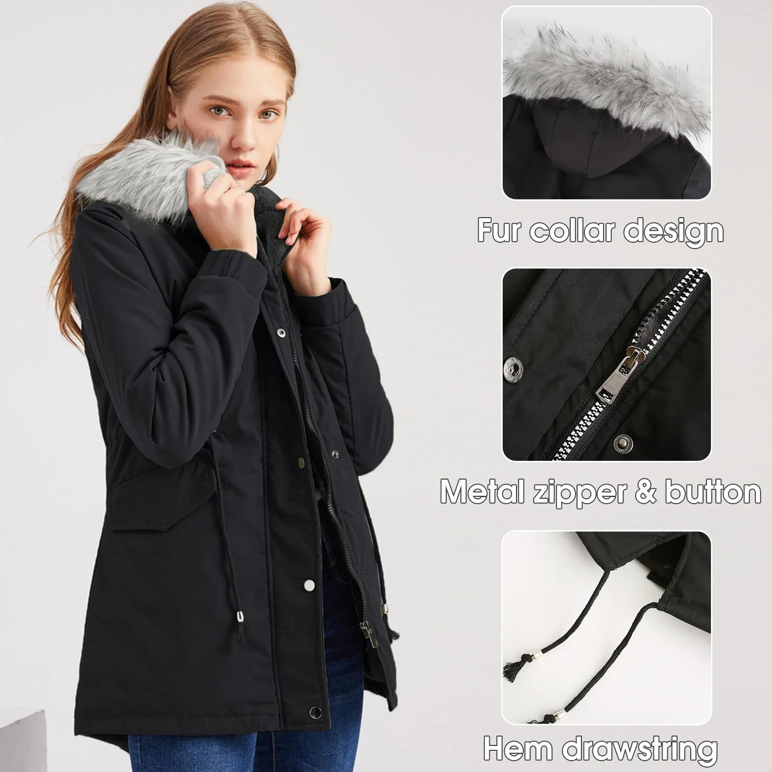 Tuopuda Abrigo Parka Mujer Largo Capucha Gruesa Chaqueta Cremallera Invierno Prueba Viento