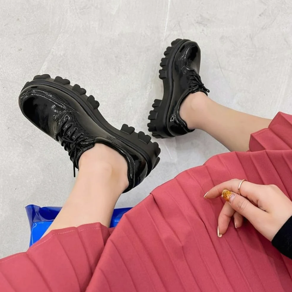 Mocasines Suaves De Charol para Mujer Tacón Alto Grueso Uniforme Zapatos De Vestir Cordones Zapatos De Oficina con Plataforma