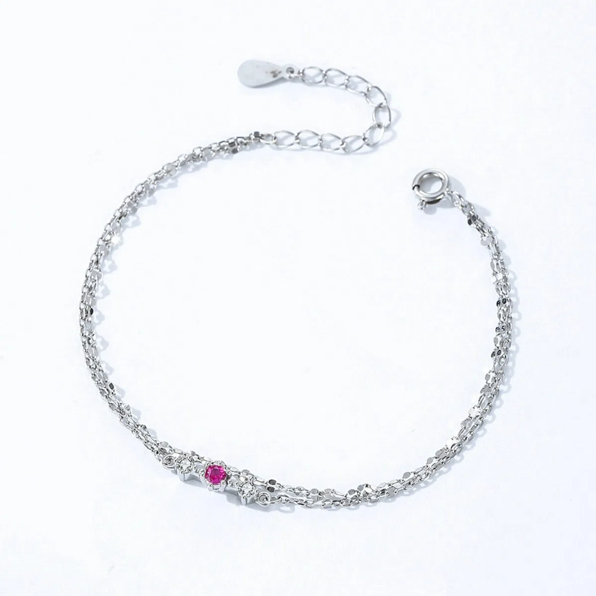 KnSam Pulsera de oro auténtico de 9 K/14 K/18 K para mujer, pulsera de eslabones de doble capa con turmalina rosa rojo, laboratorio creado en laboratorio, brazalete de diamante blanco y oro Au 375/585