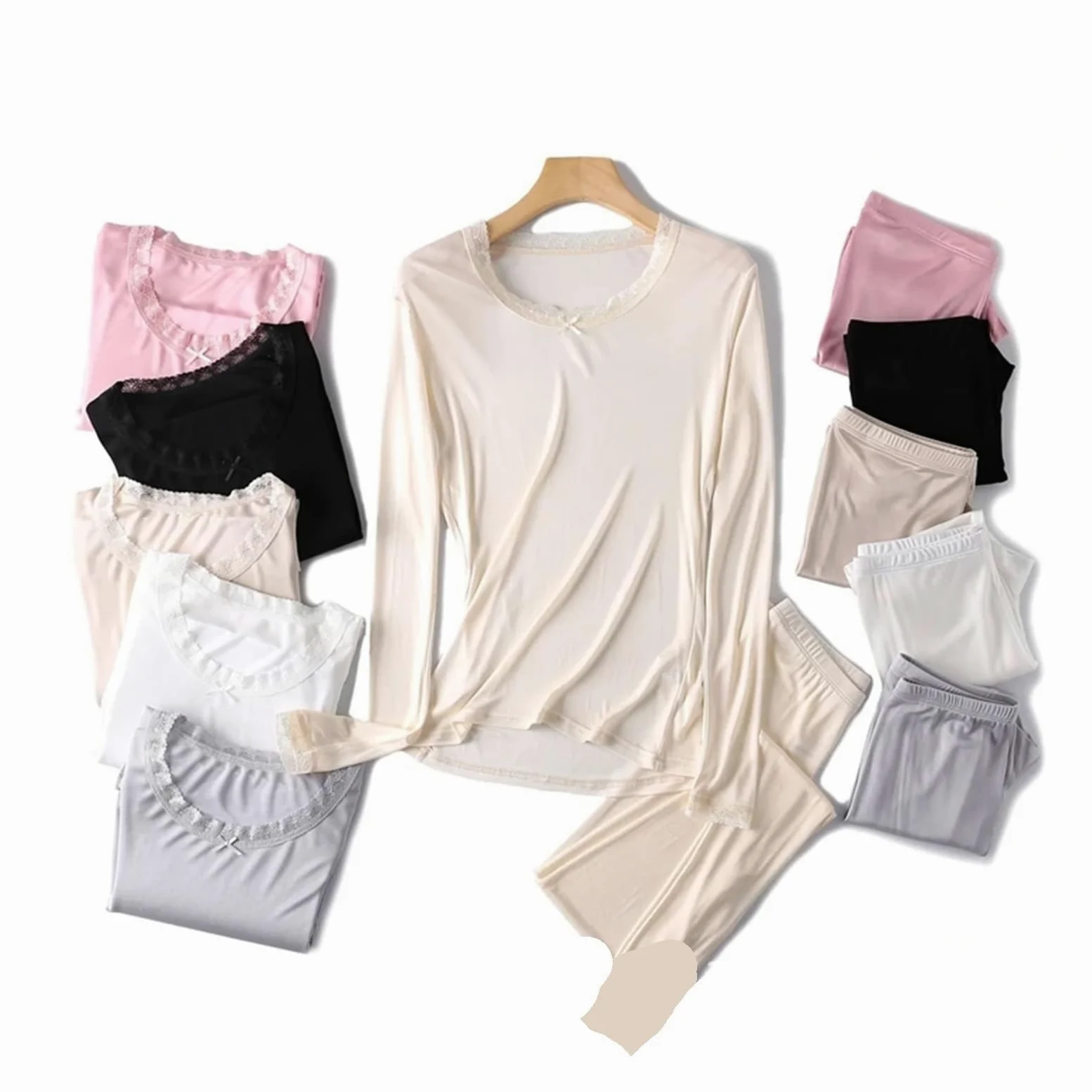 Conjuntos de Ropa Interior térmica Seda con Cordones for Mujer, Conjunto lencería, Invierno for, Traje Largo Johns para Esquí,Moto
