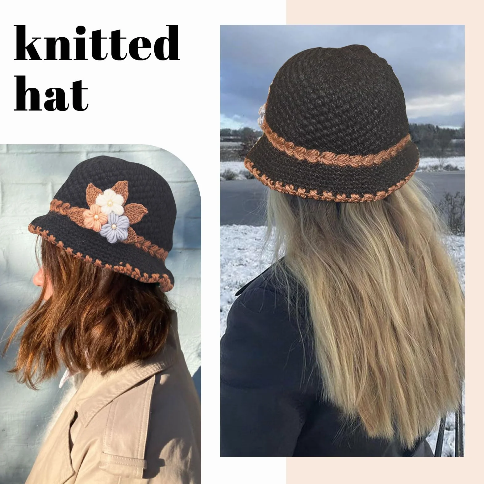 French Thicken Mujeres Flores Sombrero de Punto Elegante Gorro de Dama Sombrero de Cubo de Ganchillo para el Invierno, Sombrero Vintage de Flores Ganchillo Sombrero Hueco Sombrero de