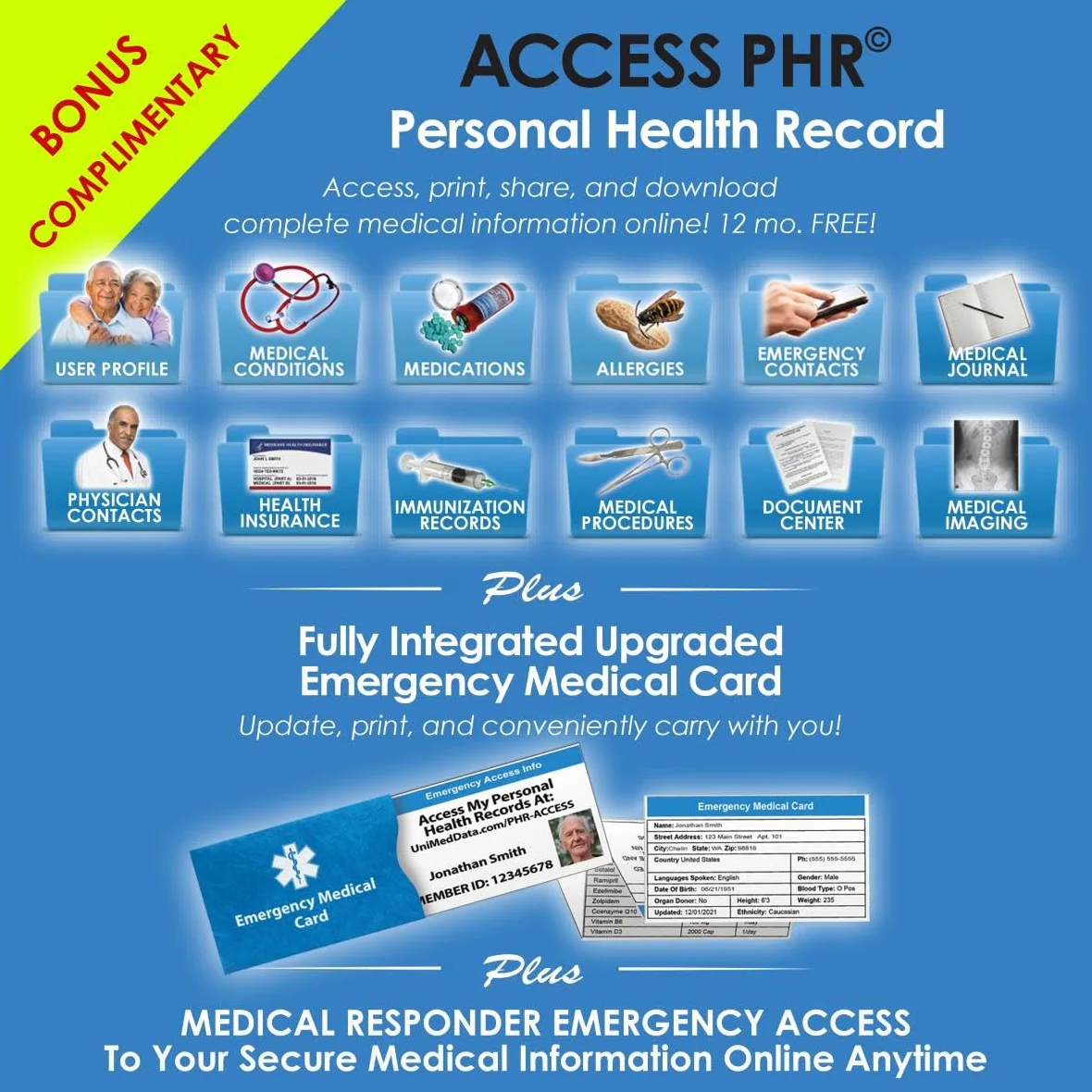 Elite II - Pulsera de silicona hipoalergénica impermeable con tarjeta de identificación médica, 2 GB, incluye tarjeta de alerta médica, acceso gratuito PHR (registro de salud personal), color rojo