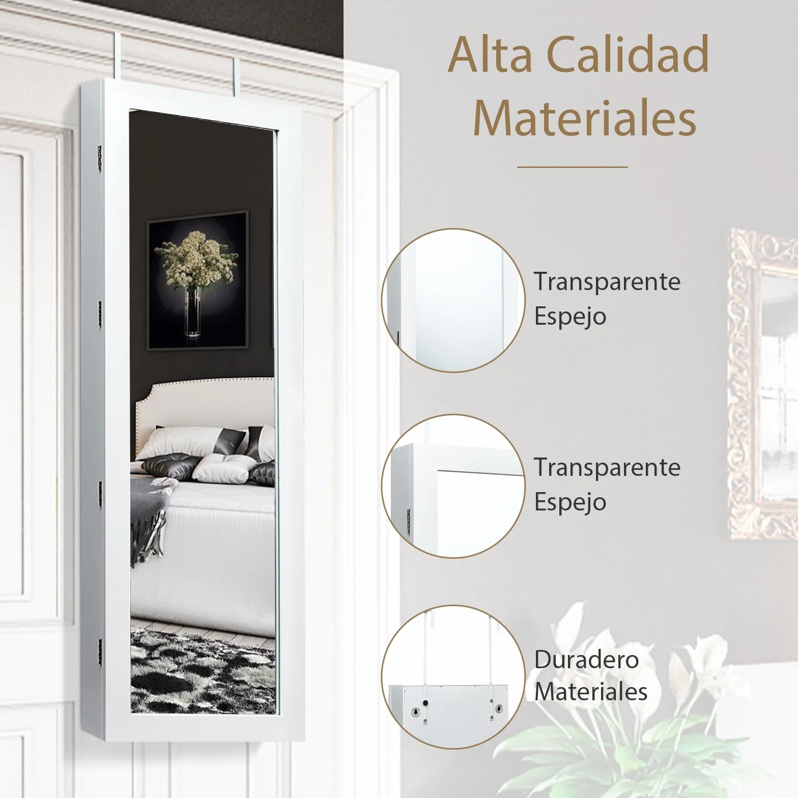 GOPLUS Armario Joyero, Espejo Joyero de Pared, con Luces LED y Cierre, llaves, Almacenamiento para Pendiente Collar, Organizador de Maquillaje con Espejo y 2 Cajones (Blanco, 108 x 37 x 9,5 cm)