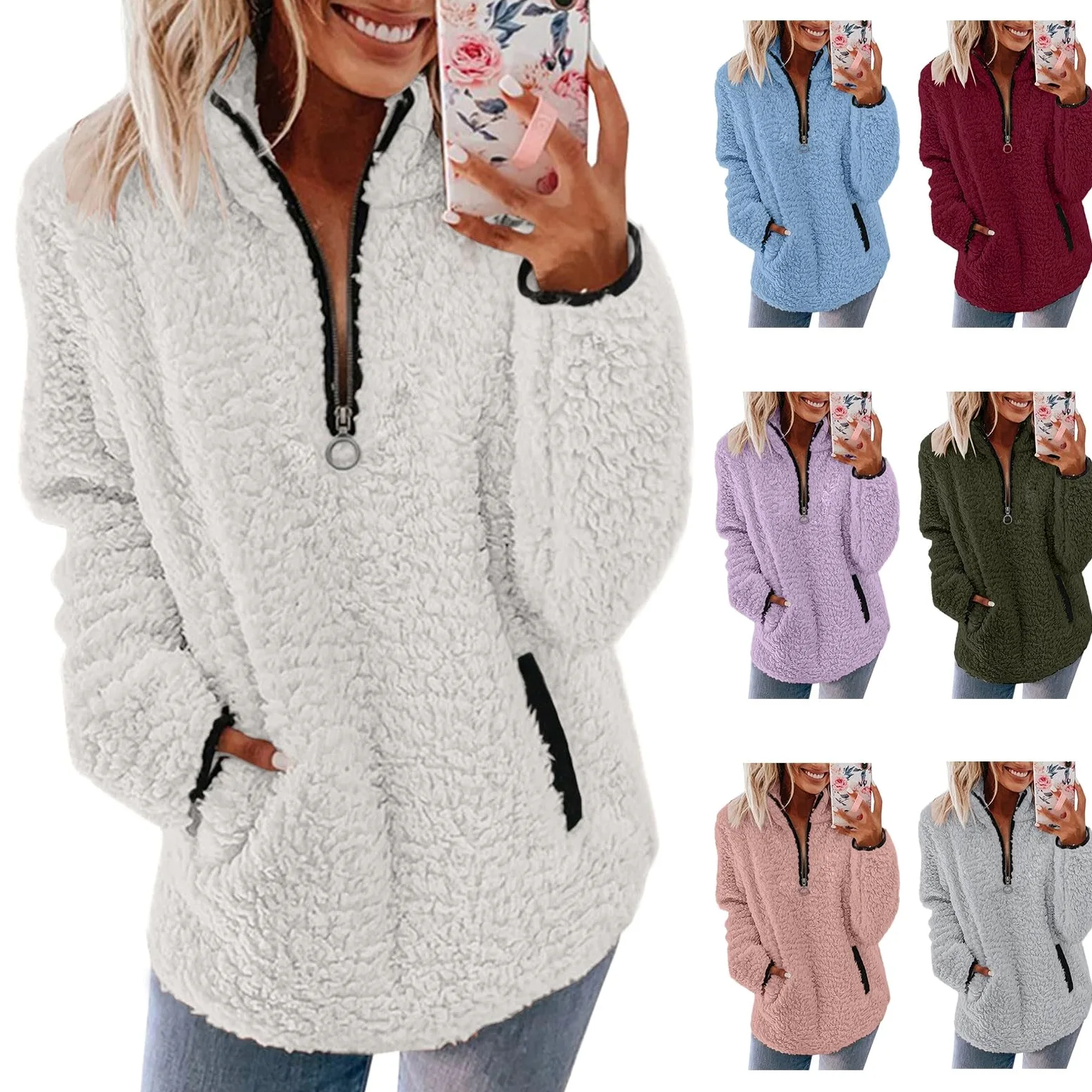 Sudadera de forro polar para mujer, mullida, con bolsillos, sudadera casual con cremallera de 1/4, manga larga, cuello alto, acogedora, para invierno