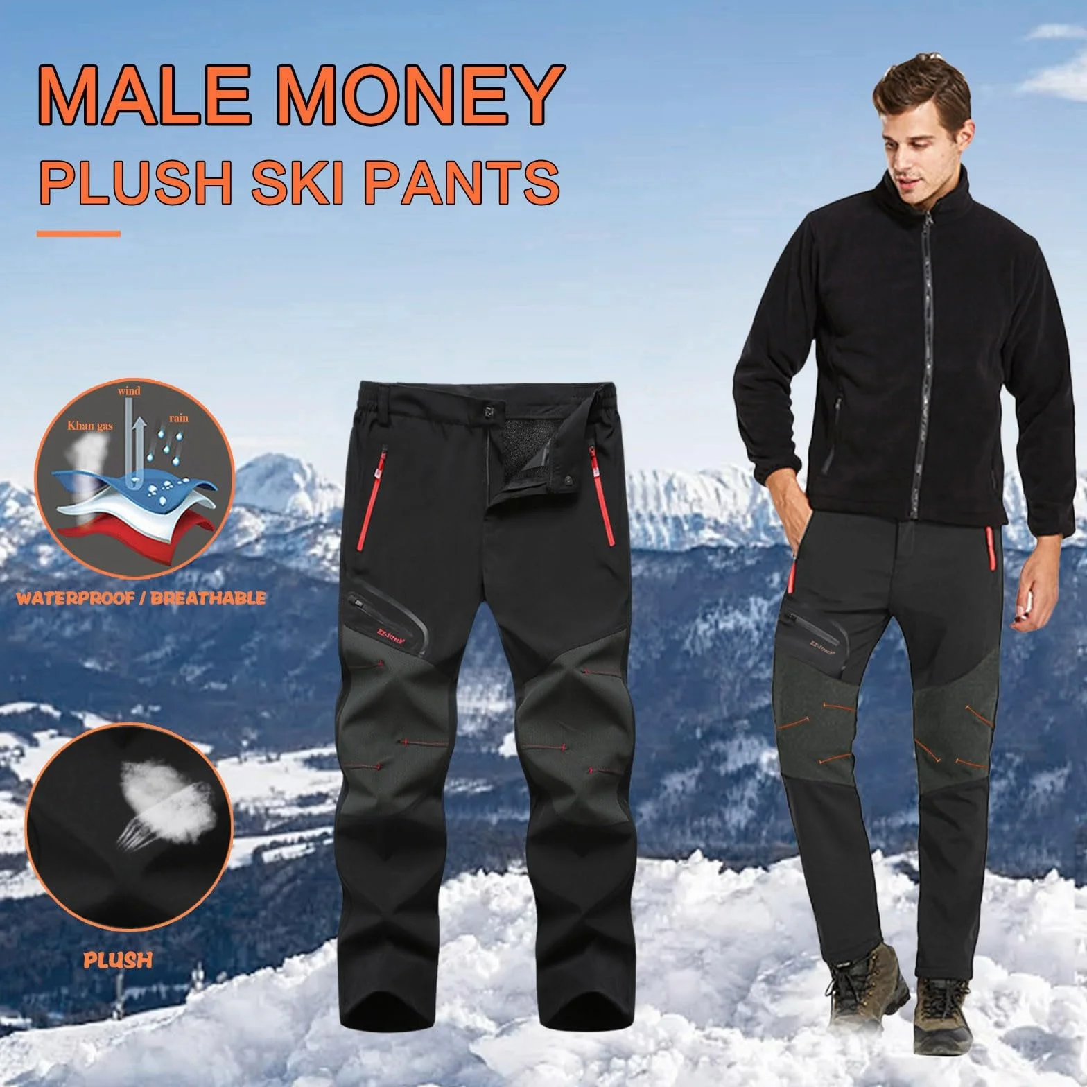 Pantalones de esquí impermeables para hombre con forro polar y acolchados gruesos