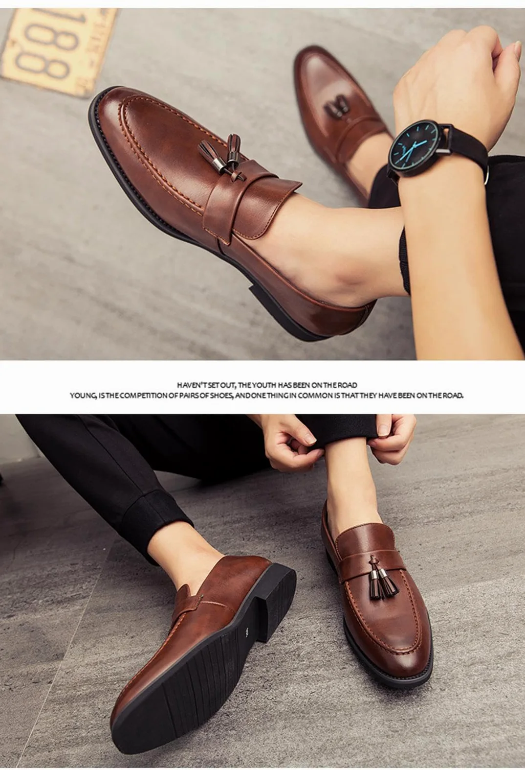 Mocasines Sin Cordones con Borlas De Cuero para Hombre Mocasines De Fumar Clásicos Penny Flats para Vestidos Informales De Negocios Fiesta De Graduación,Marrón,42 EU