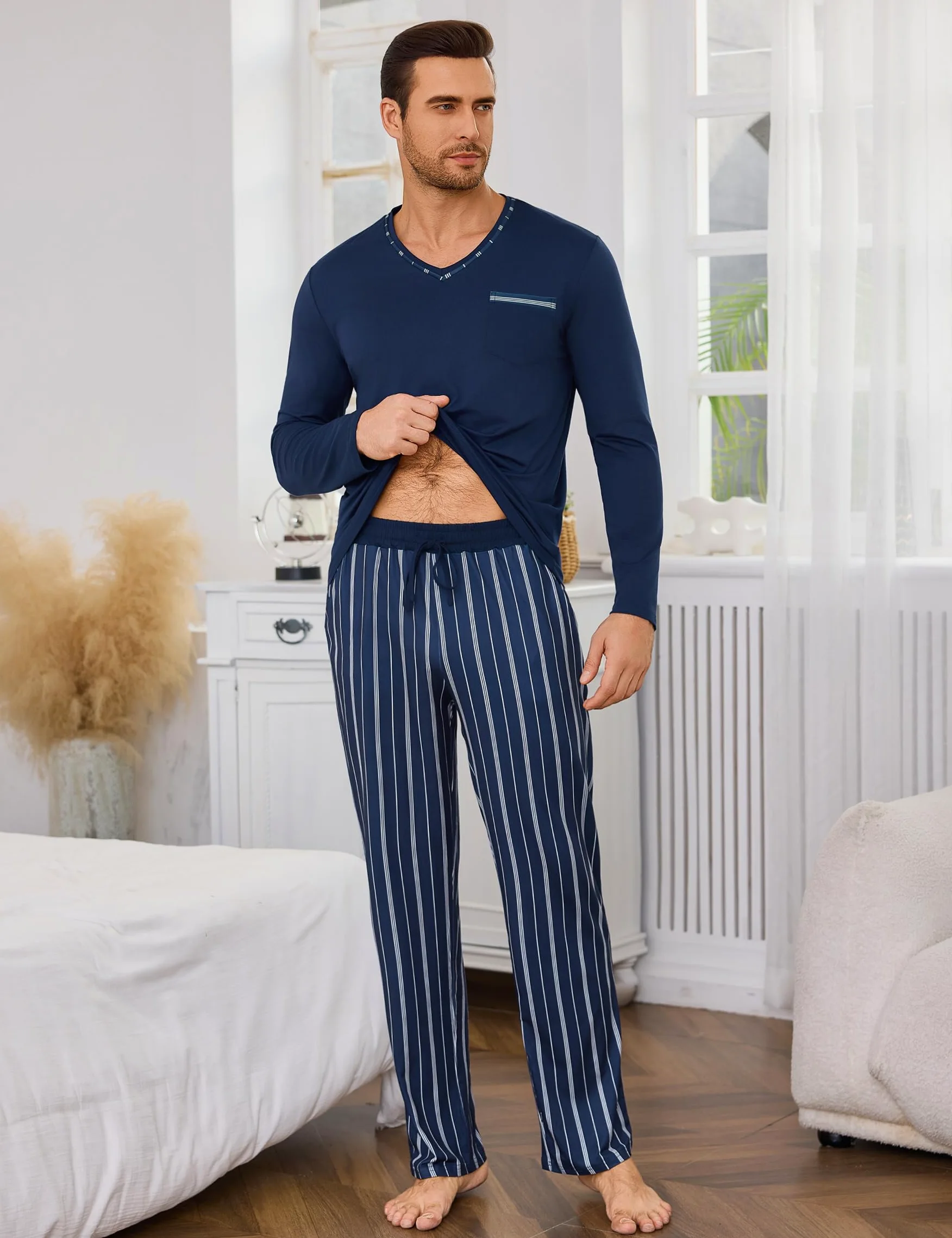 Demegimi Pijamas para Hombre Invierno de Manga Larga Algodón Conjunto de Cuello Redondo Ropa de Dormir 2 Pieza