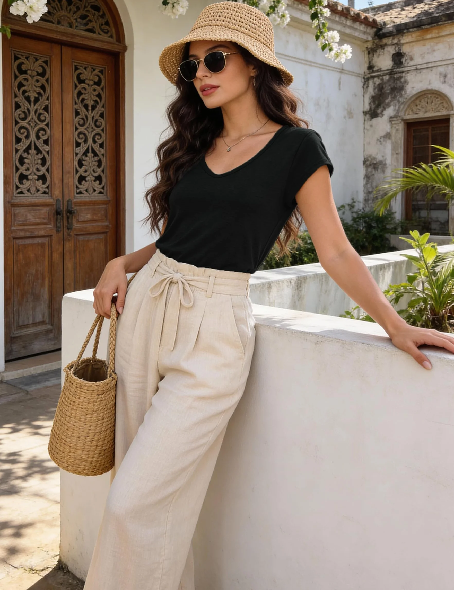 Camisetas Verano Mujer Básicas con Cuello en V Manga Corta Holgadas Ligeras de Color Liso S-XXL