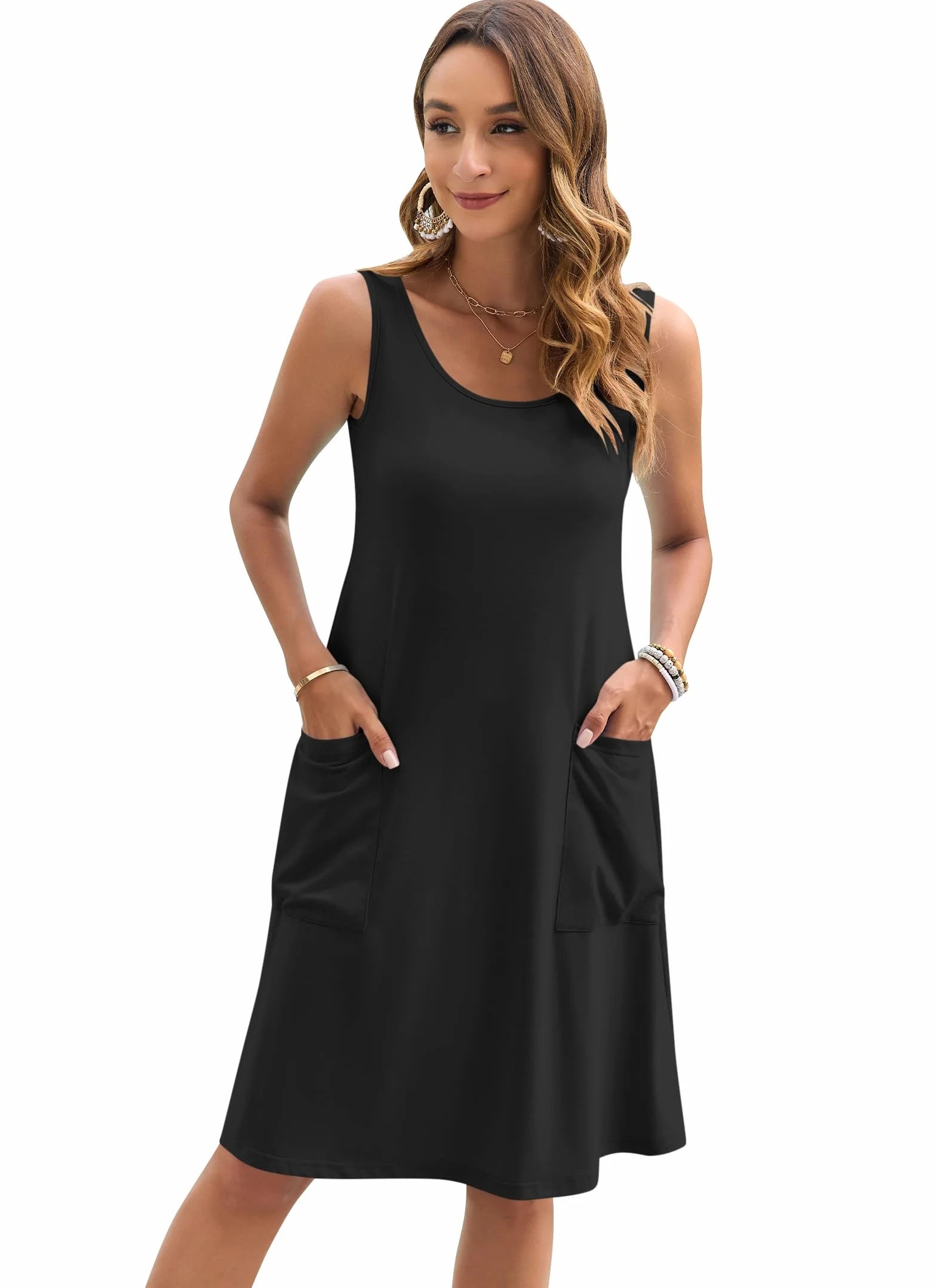 AUSELILY Vestido sin Mangas de Verano para Mujer Ligero Informal de Playa Largo hasta la Rodilla con Bolsillos