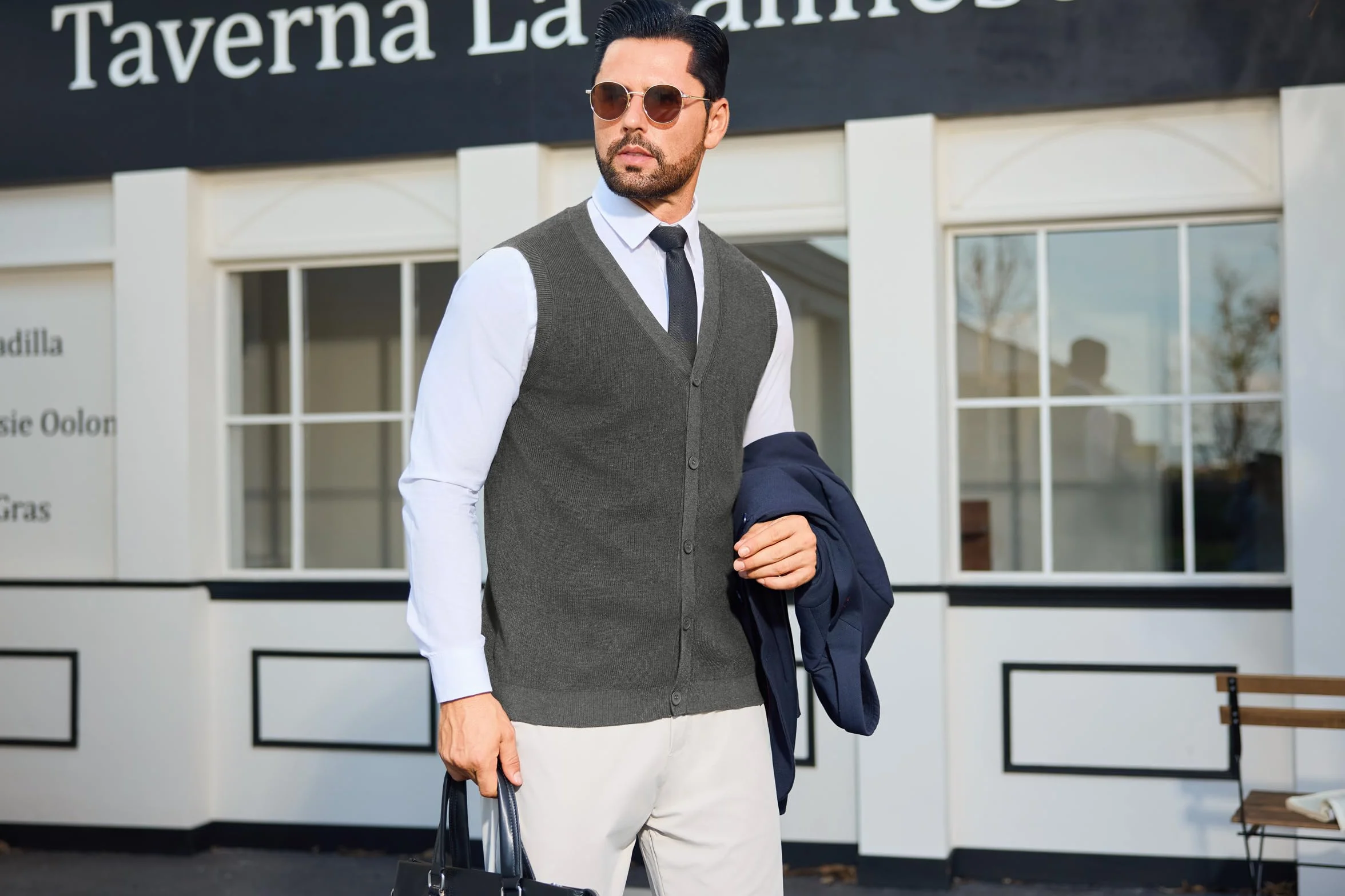 Sykooria Chaleco de Punto con Cuello en V Sin Mangas para Hombre Suéter Tejido Ligero y Elegante con Botones S-XXL