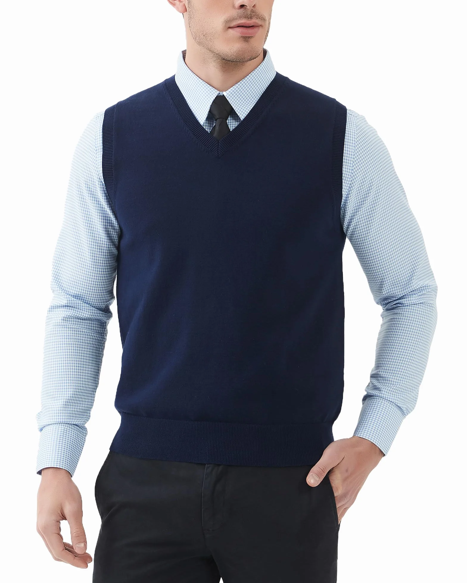 Kallspin Hombres de Algodón sin Mangas Jerseys Cuello en V de Punto Chalecos Suéter Chaleco Corte Relajado Pullover