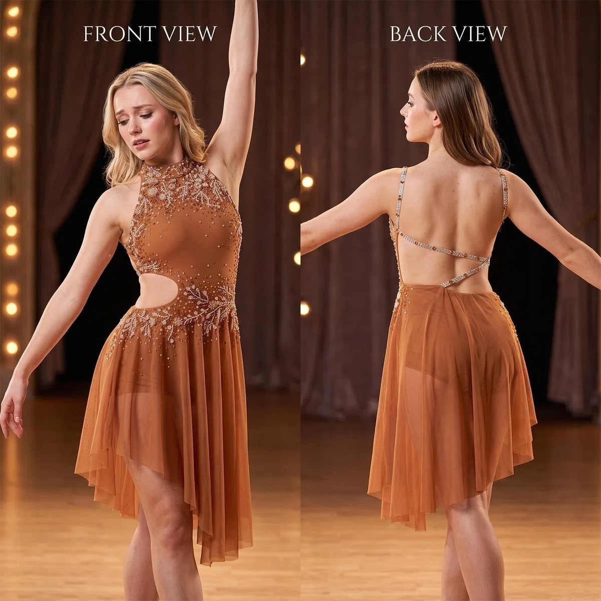 Vestido de danza lírica con pedrería y cut-out mujer y adolescente