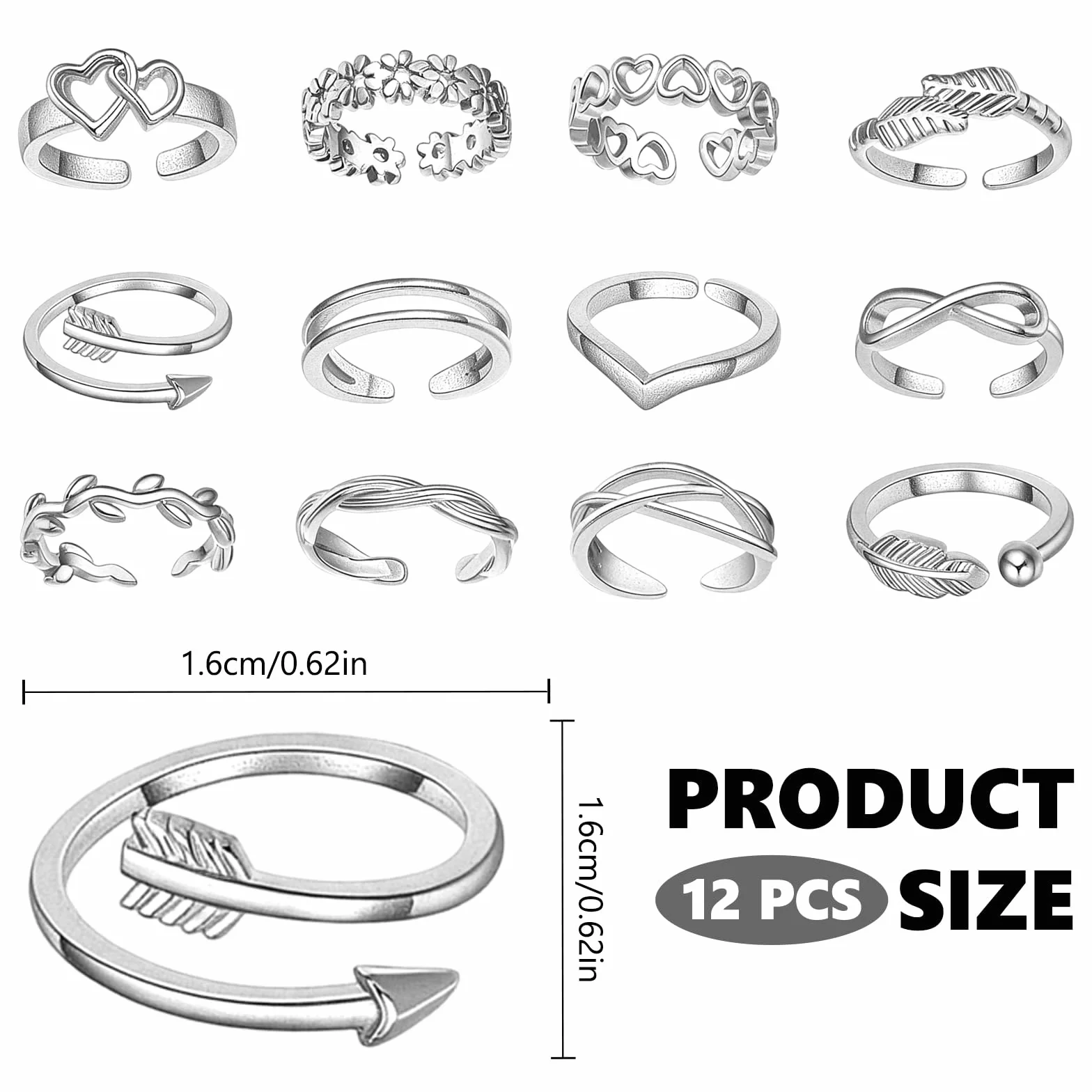 12 Piezas Anillos para el Dedo del Pie Mujer, Anillos de Dedo Ajustables, Anillo de Dedo del Pie Abiertos, Joyería Regalo Amistad San Valentín Día de la Madre, Plata