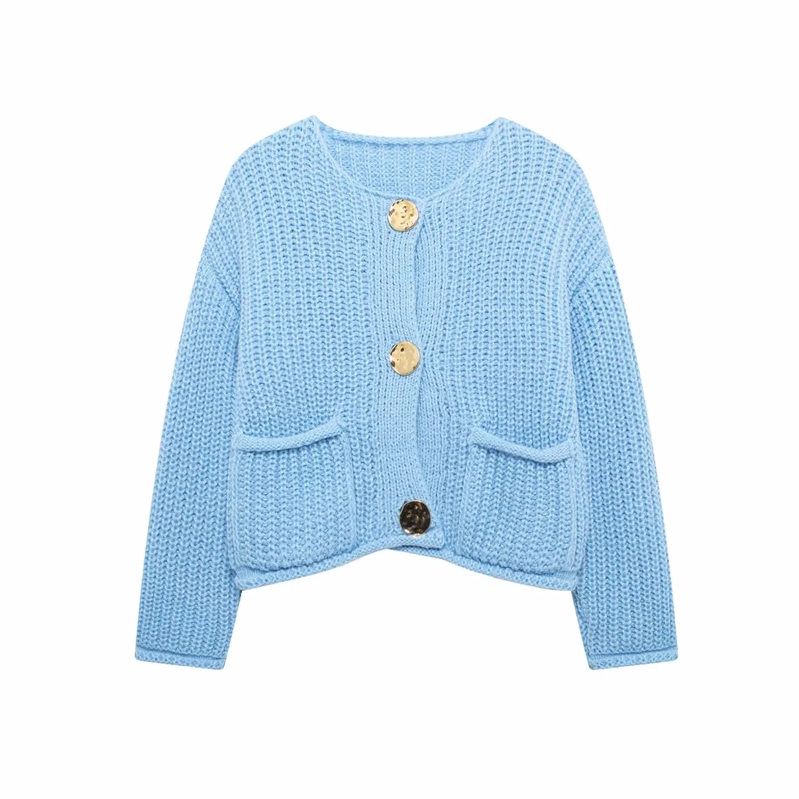 Suéter de Punto de Manga Larga for Mujer, Botones Dorados, Bolsillos de Parche Delanteros, Cuello Redondo, Prenda Exterior Femenina(Sky Blue,L)