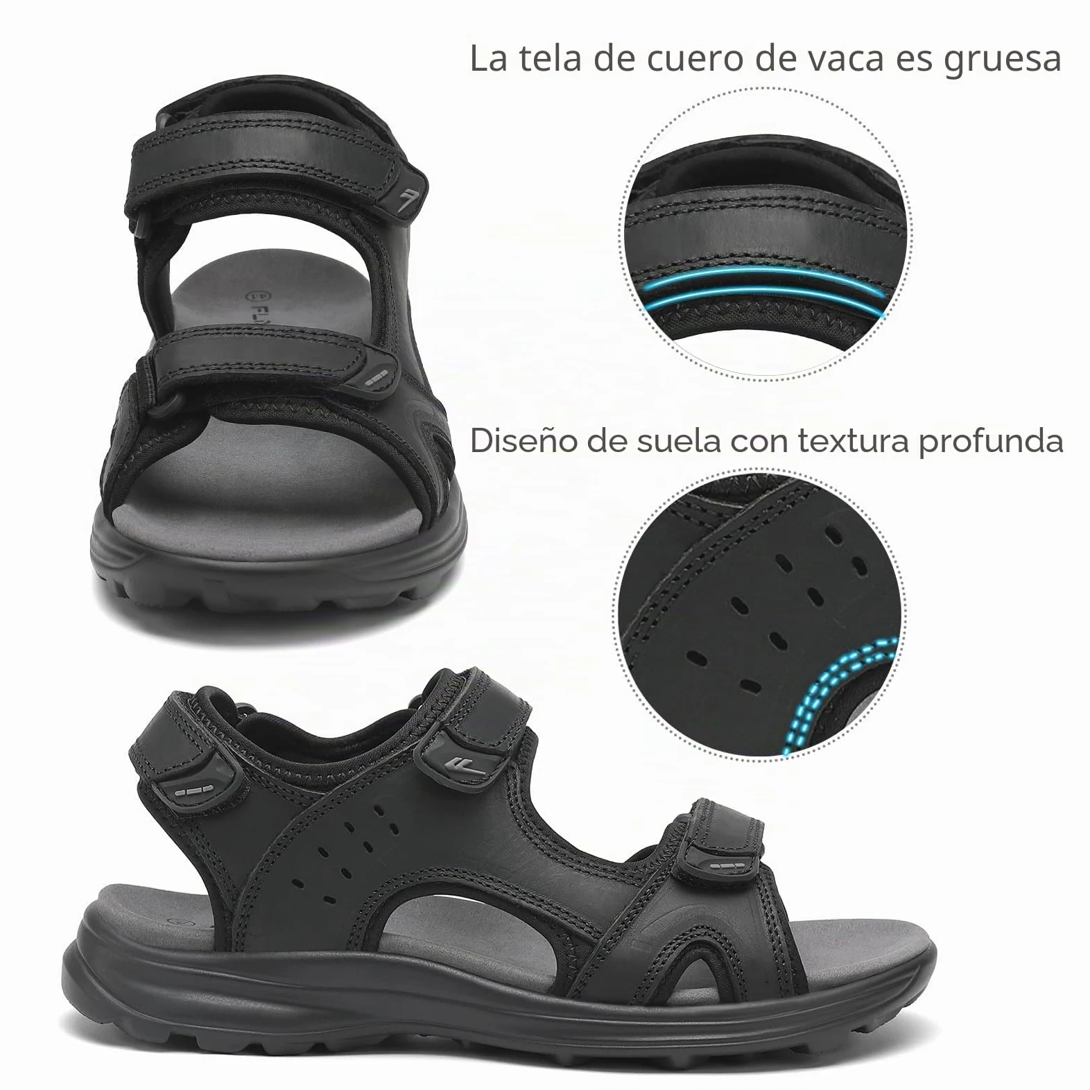 FLARUT Sandalias de los Hombres de Verano Zapatos de Senderismo Trekking Deportes al Aire Libre de Cuero Playa Dedo del Pie Abierto Deportivas Casuales(Negro,42)