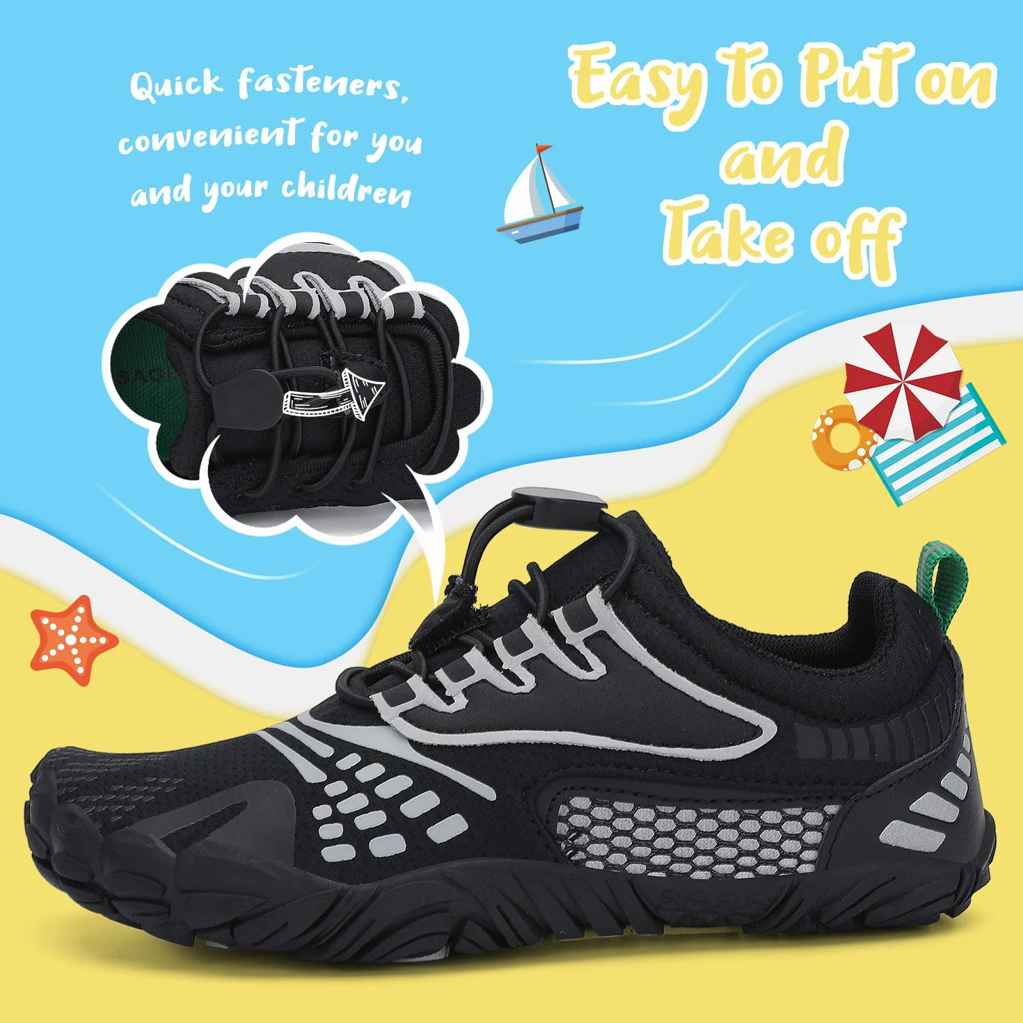 SAGUARO Zapatillas minimalistas Barefoot de secado rápido para niños, zapatillas de agua, 24-36 EU, negro y gris, 26 EU