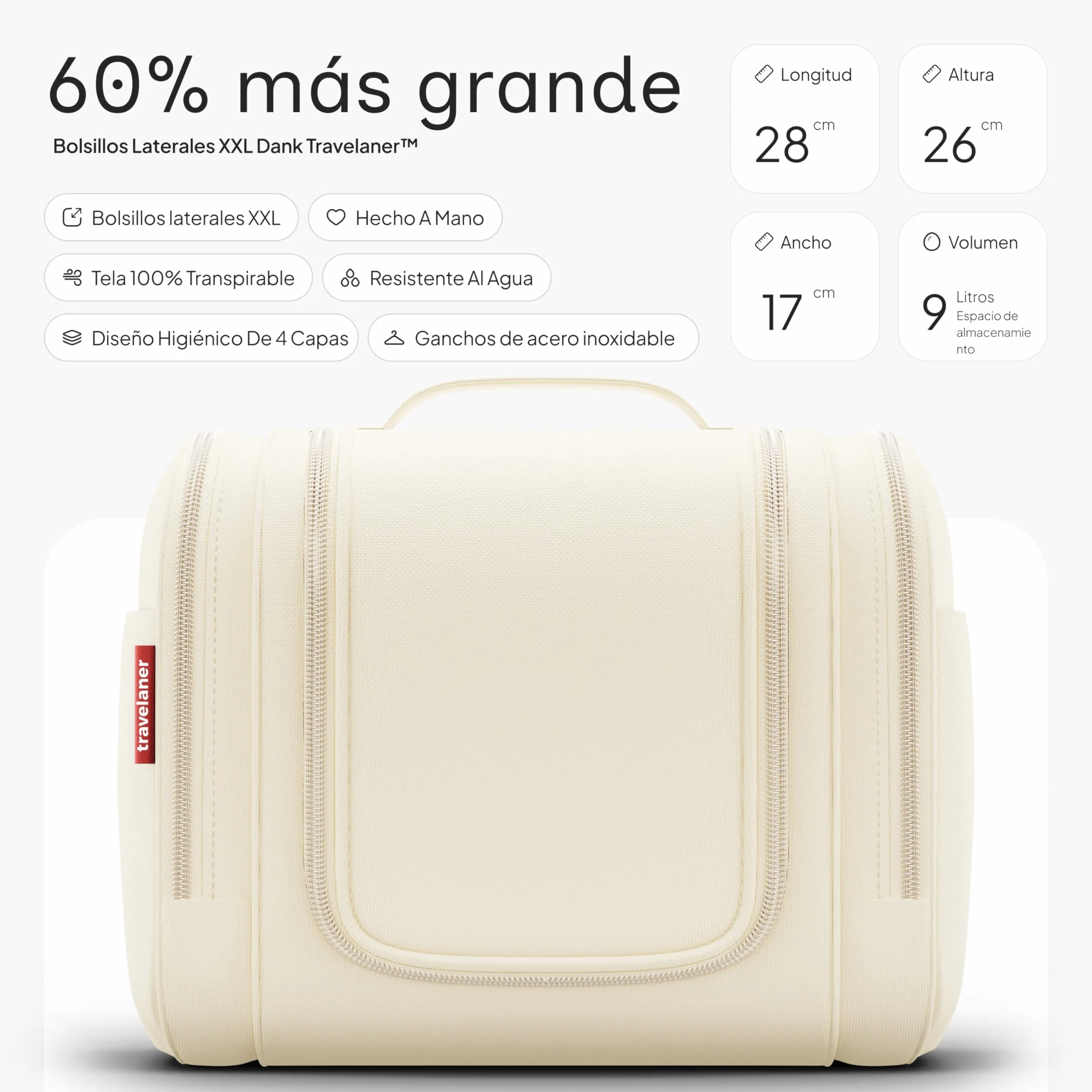 Travelaner® Neceser Hombre y Mujer Design 2026, XXL 3-en-1 Neceser de Viaje Colgante 9L, Gran Bolsa de Aseo Impermeable, Bolsa de Maquillaje, Beige Crema