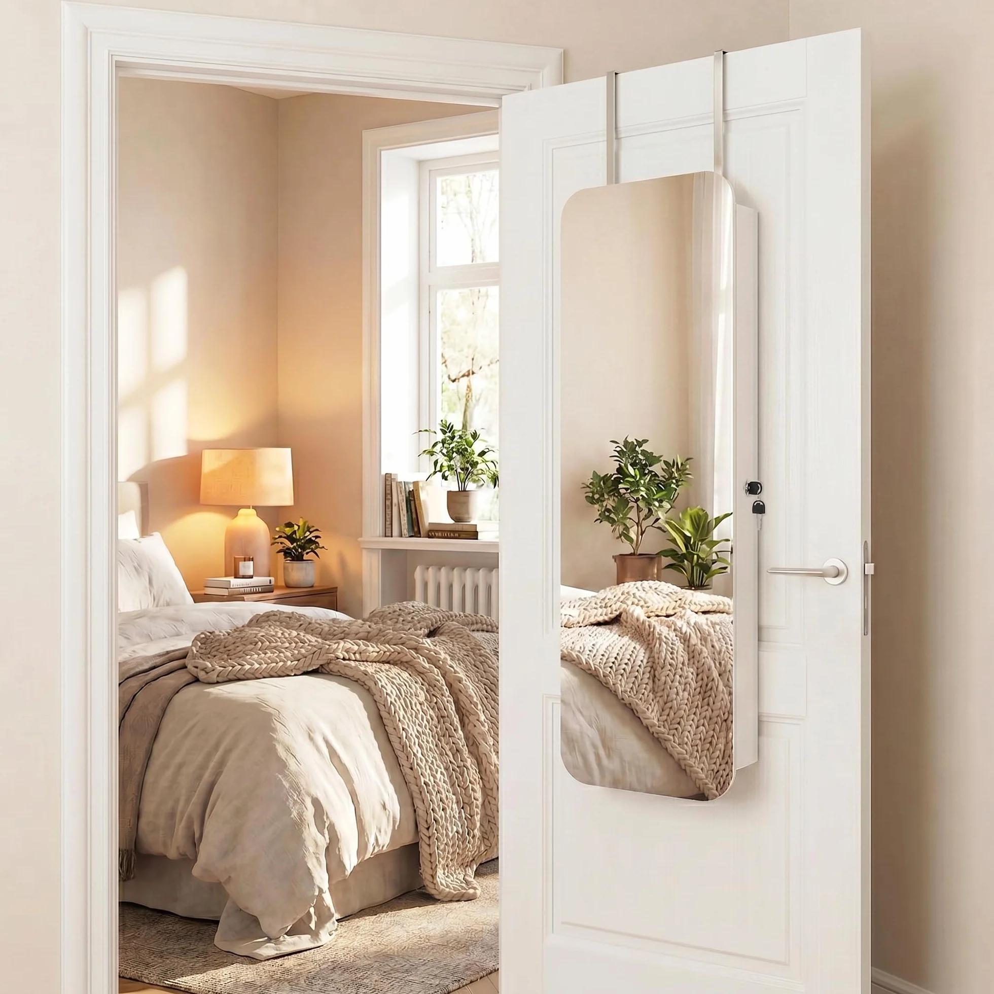 HOMCOM Espejo Joyero con Luz LED, Armario Joyero Montado en la Pared o en la Puerta, Armario para Joyas con Cerradura, Espejo Entero sin Marco, 2 Cajones, para Regalo, 37x10x120 cm, Blanco