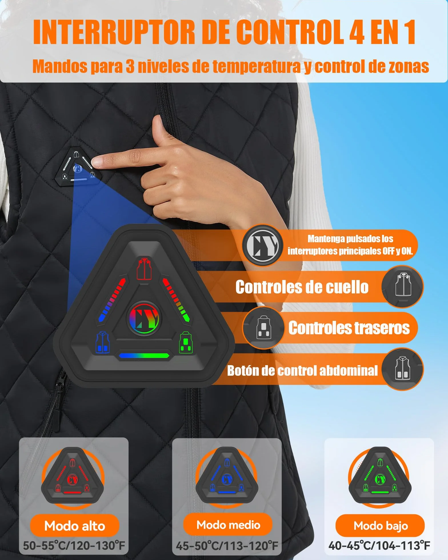 Chaleco Calefactable Hombre Mujer Batería 7,4V 10000mAh Control 4-en-1 Fibra de Carbono