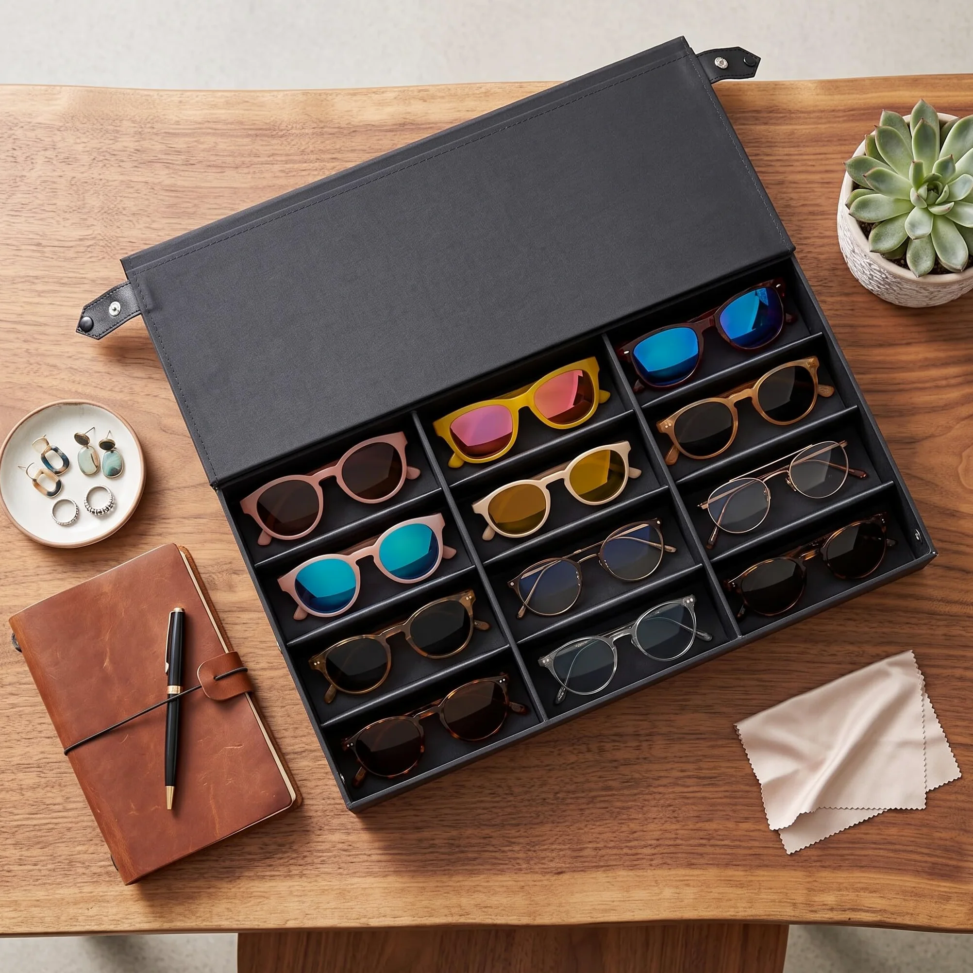 Wakects Expositor para Gafas y Joyas, Caja Organizadora de 18 Compartimentos, 47 x 37 x 6 cm
