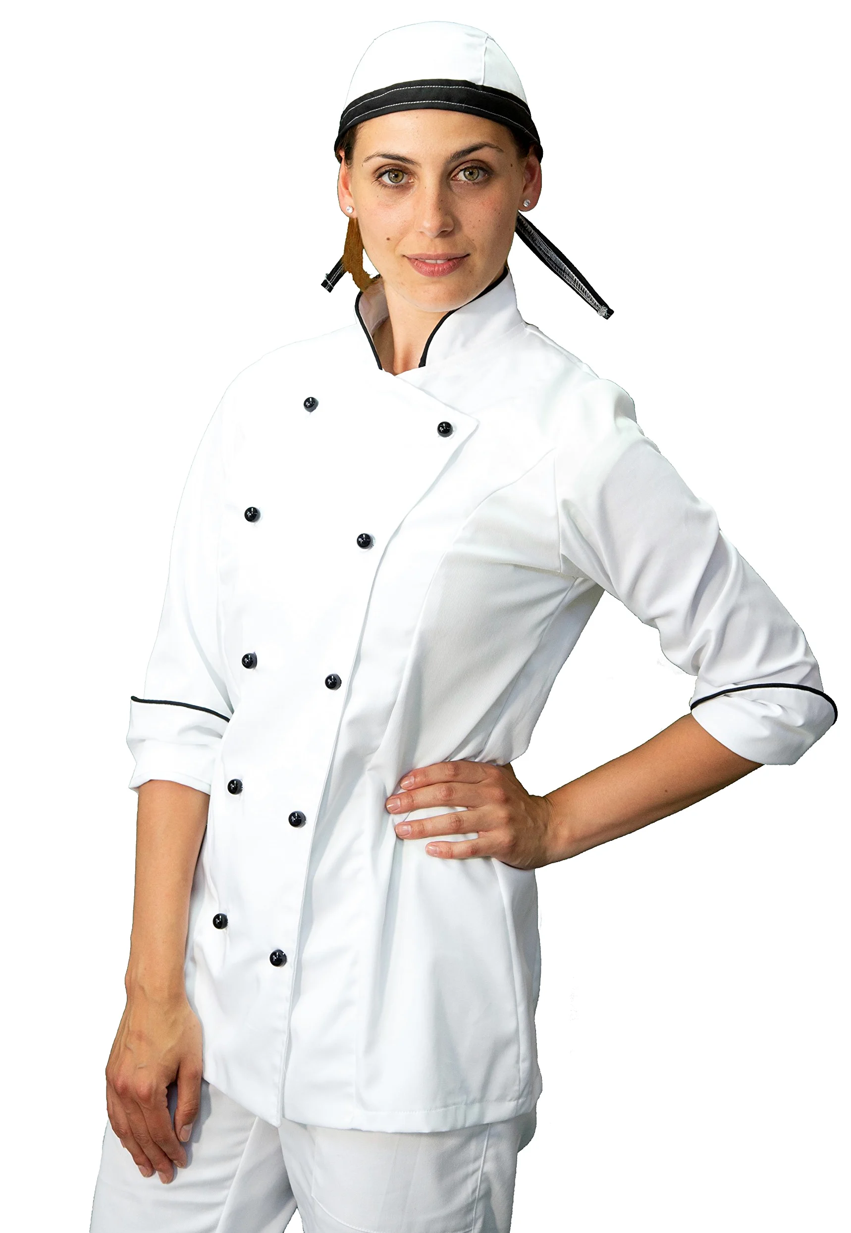 Bordado gratuito – Conjunto de cocinero de cocina – blanco y negro – uniforme de chef mujer – Pantalón, chaqueta y delantal – Fabricado en Italia