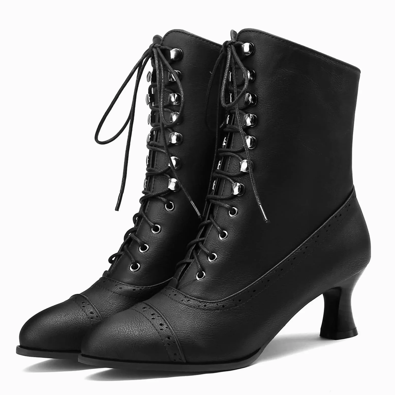 Botines con cordones para mujer, botas victorianas de tacón de gatito, botines puntiagudos con cremallera lateral
