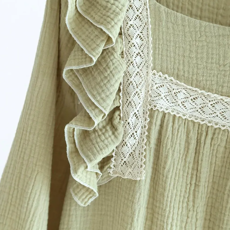 Camisón para Mujer - Primavera/Verano Señoras Camisón De Crepé De Algodón Mangas Finas De Hoja De Loto Cuello Cuadrado Color Sólido Vestido Largo De Gran Tamaño
