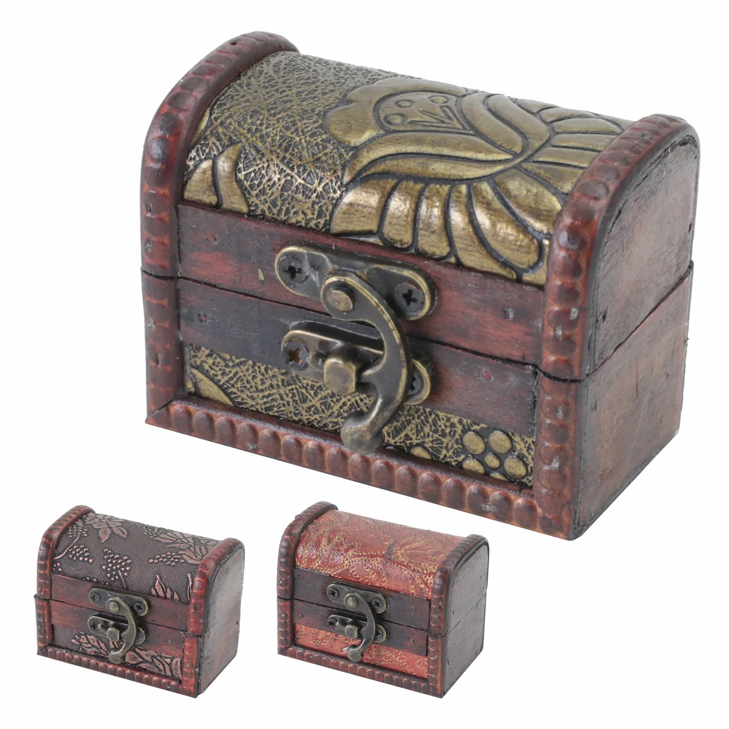 HMF Joyero de madera pequeño cofre del tesoro cierre vintage decorativo 8 x 5 x 6 cm Set de 3