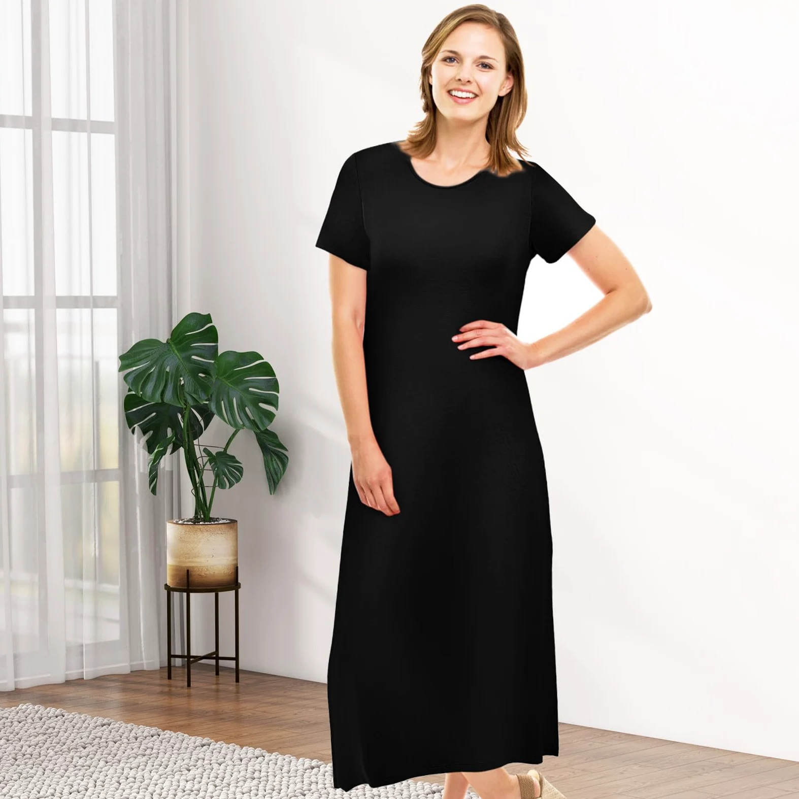 Garneck Camisón de Mujer de Manga Corta, Cuello Redondo, Holgado | Fibra Sintética Transpirable, Negro, Cómodo para Casa y Descanso, Talla Grande