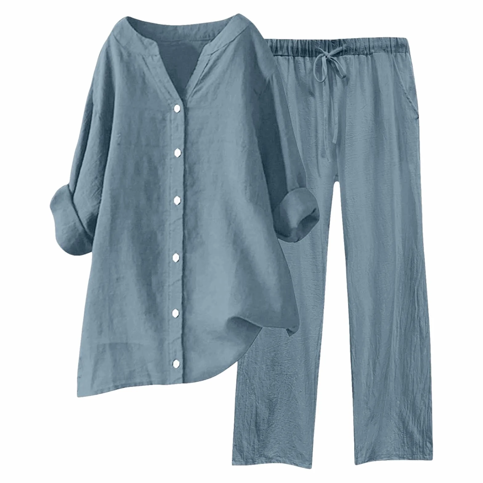 Conjunto Lino Mujer Elegante Dos Piezas Traje de Primavera Camisa Manga Larga con Botones y Pantalones Largo Piernas Anchas Chándal Ropa de Casa Casuale Color Sólido