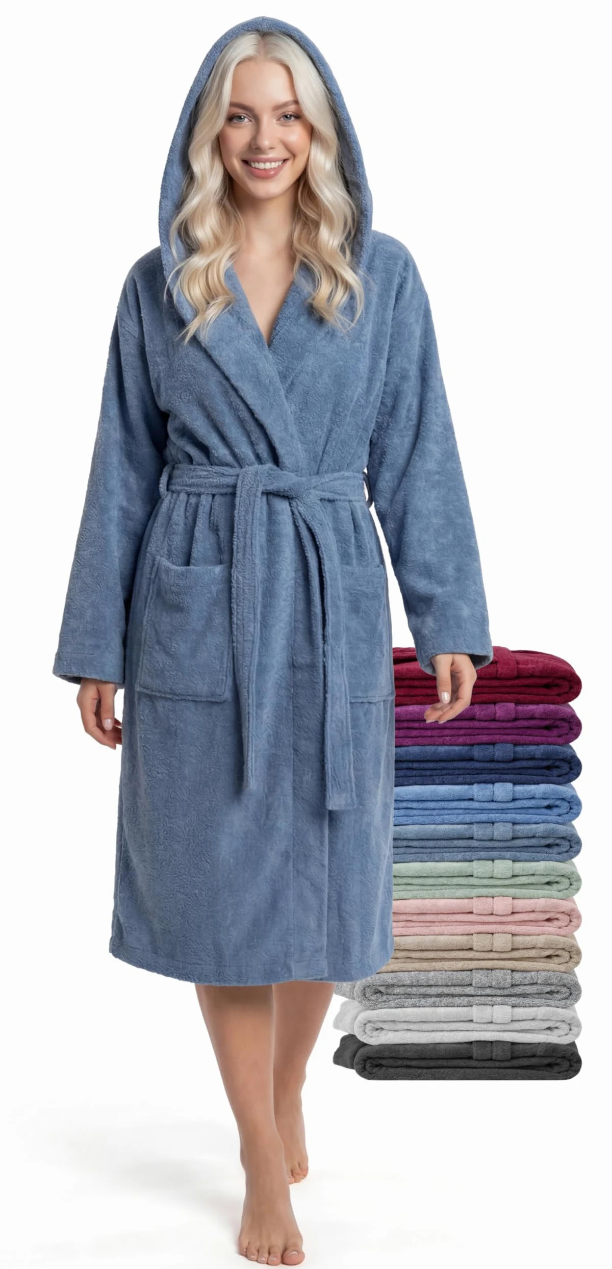 Albornoz Mujer Largo Medio con Capucha – 100% Algodón Rizo 380 g/m² – Bata de Baño, Spa y Casa, Largo hasta la Pantorrilla, Suave, Absorbente, Tallas S–XXL
