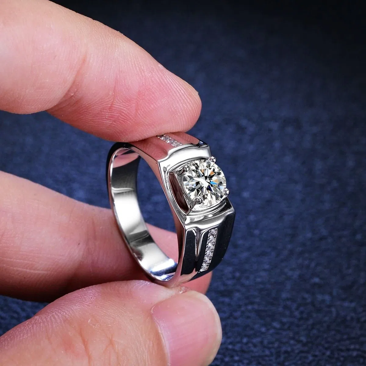 Anillo para hombre Cool, alianzas de boda para hombre con 4 garras y moissanita de 1 quilate, plata de 14 quilates, oro blanco de 14 quilates, talla 70 (22,3)