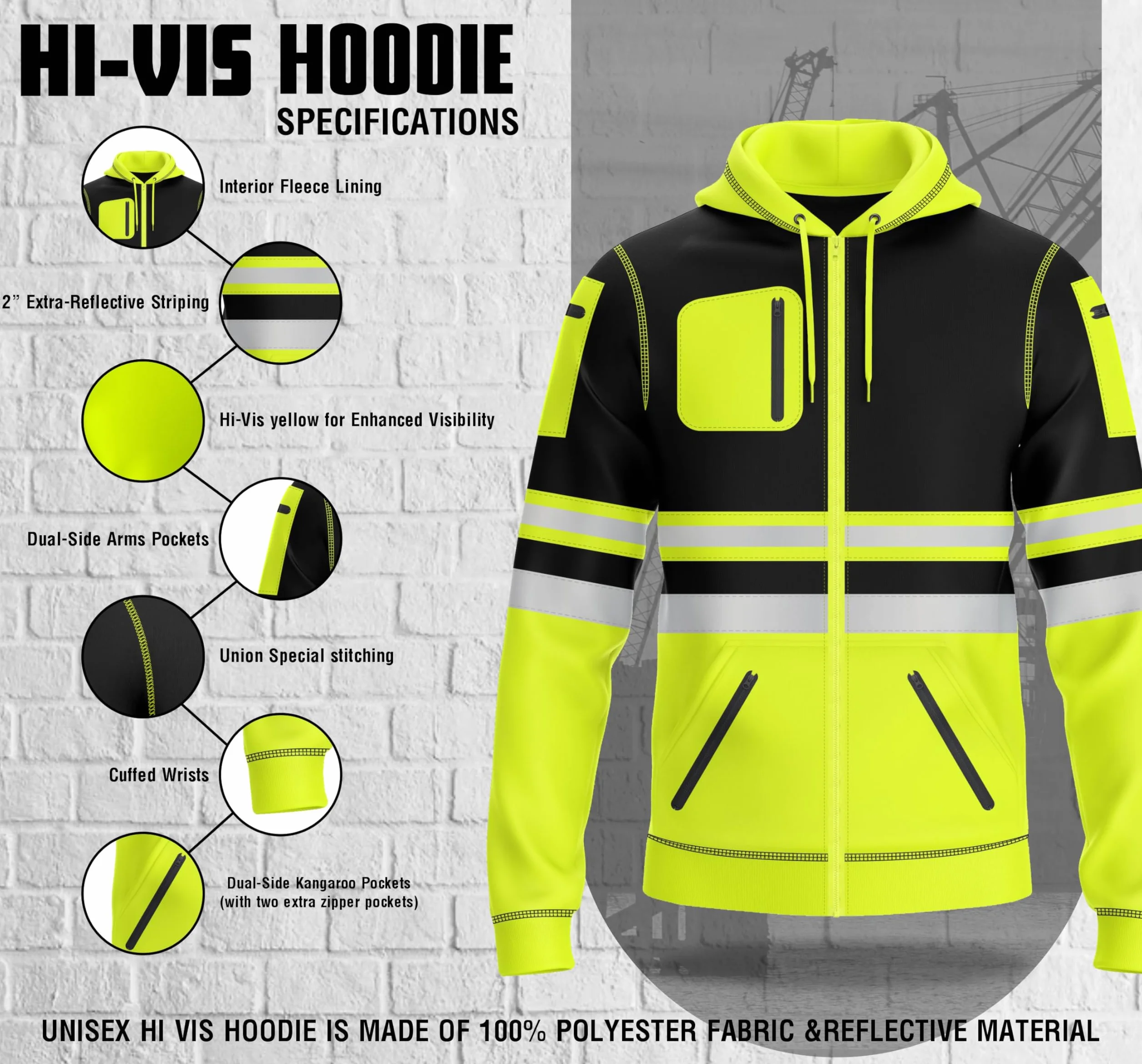 Mens Hi Vis Pullover Hoodie Reflective Tape Safety Work Drawstring Multi Zipped Pockets High Viz High Visibility Hoodie Sweatshirt