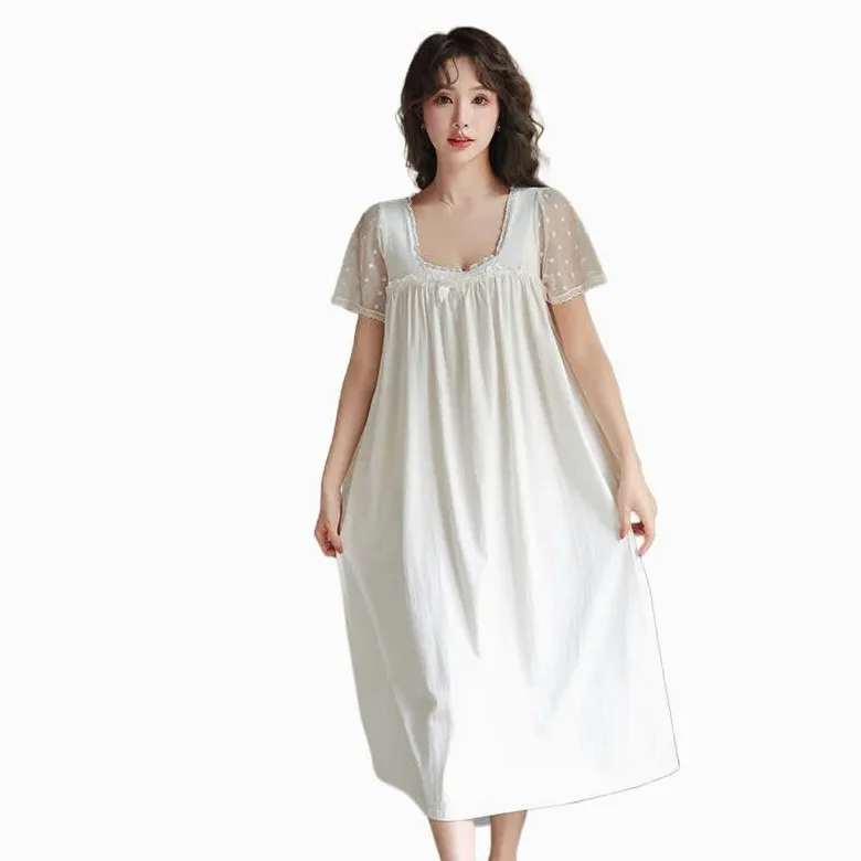 OFFSUM Camisón De Pijama De Mujer - Verano Suave Algodón Cuello Cuadrado Dulce Encaje Bordado Ropa De Dormir Princesa Estilo Palaciego Temperamento Albornoz Lencería