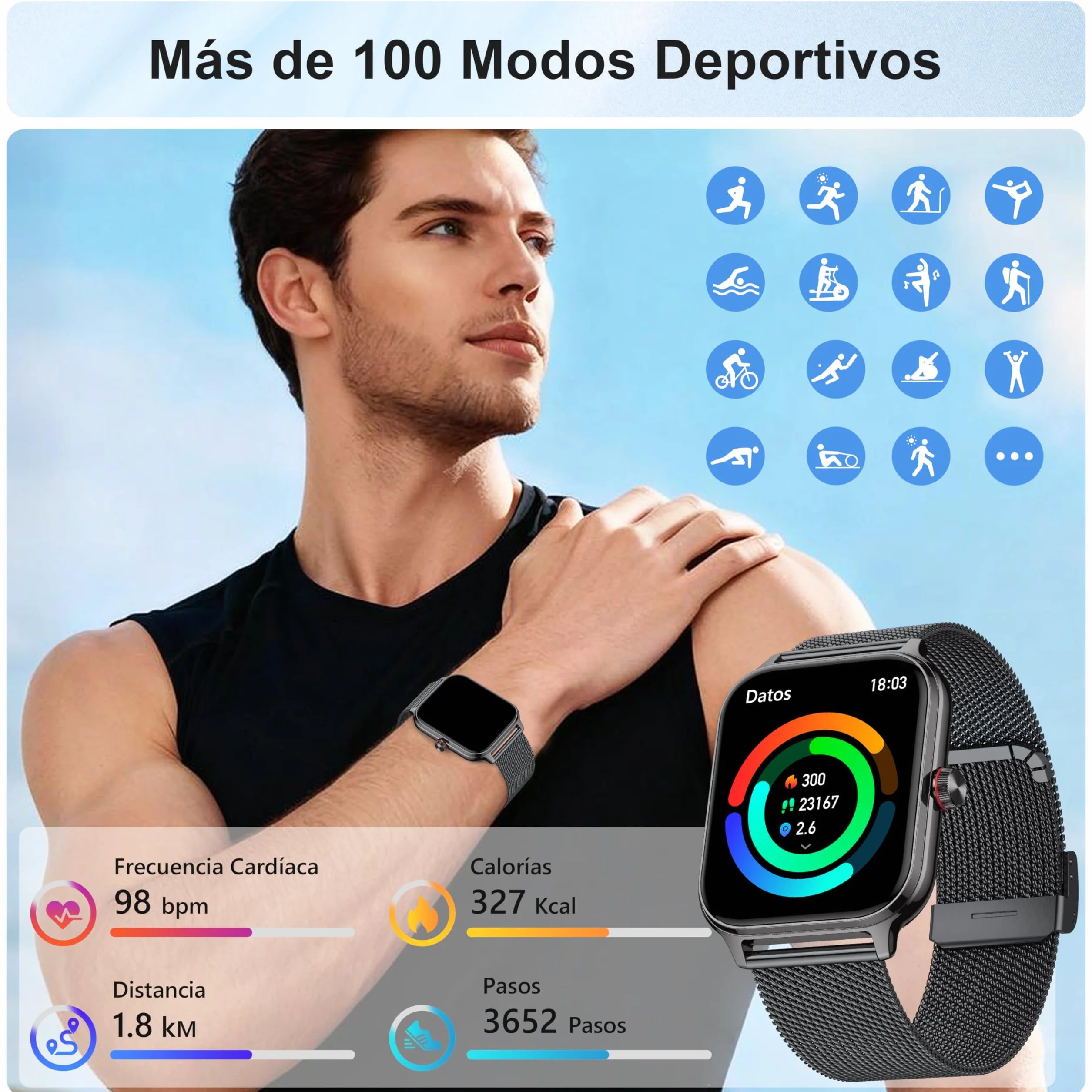 LODIMEKE Reloj Inteligente Mujer Hombre con Llamadas AI Voz y Whatsapp, 1.96" Smartwatch Monitor de Presión Arterial/SpO2/ Sueño/Podómetro/ 100+ Deportes, Pulsera Regalo iOS Android
