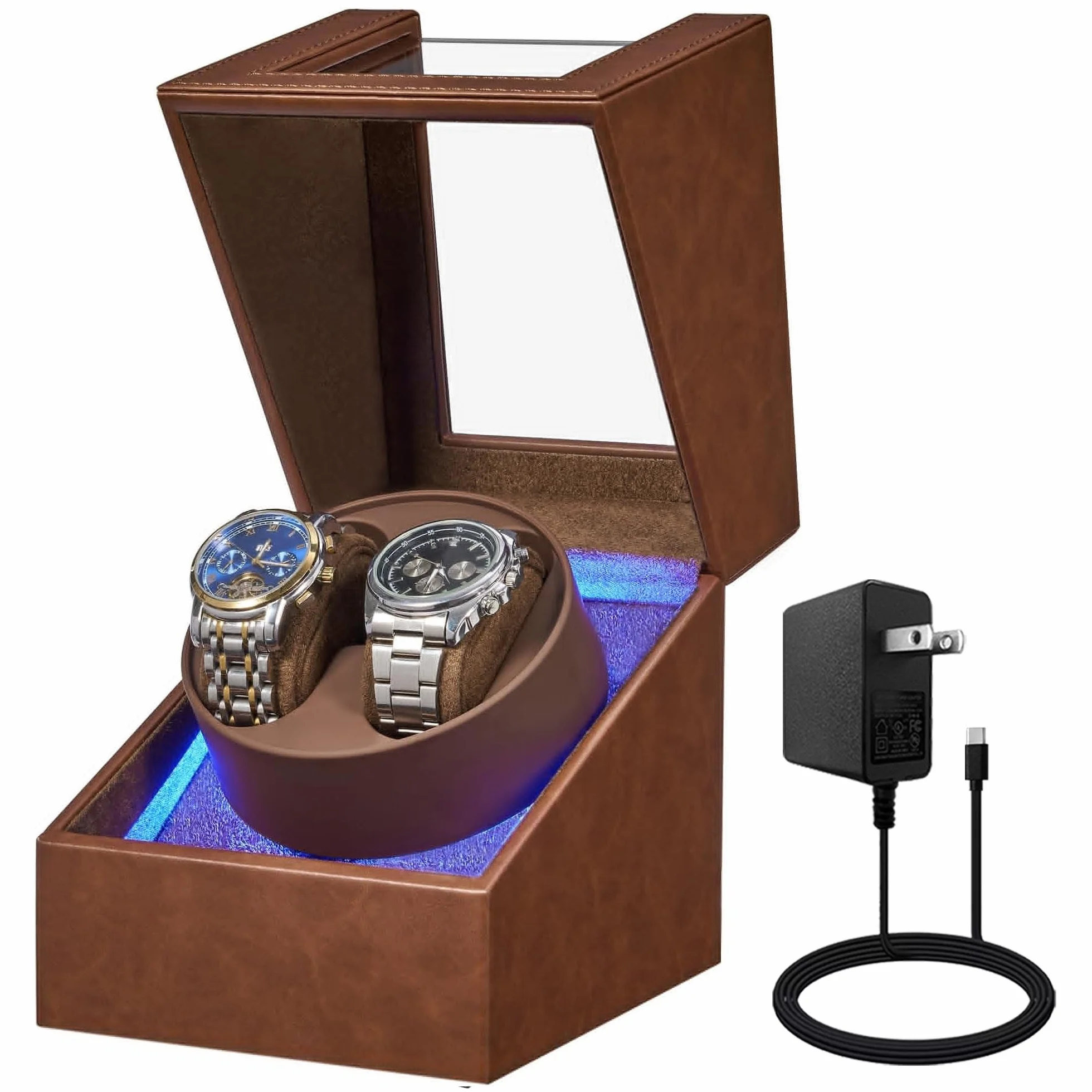 BEWISHOME SYQ02Z Bobinador de reloj automático doble con luz LED, 4 modos, motor silencioso japonés