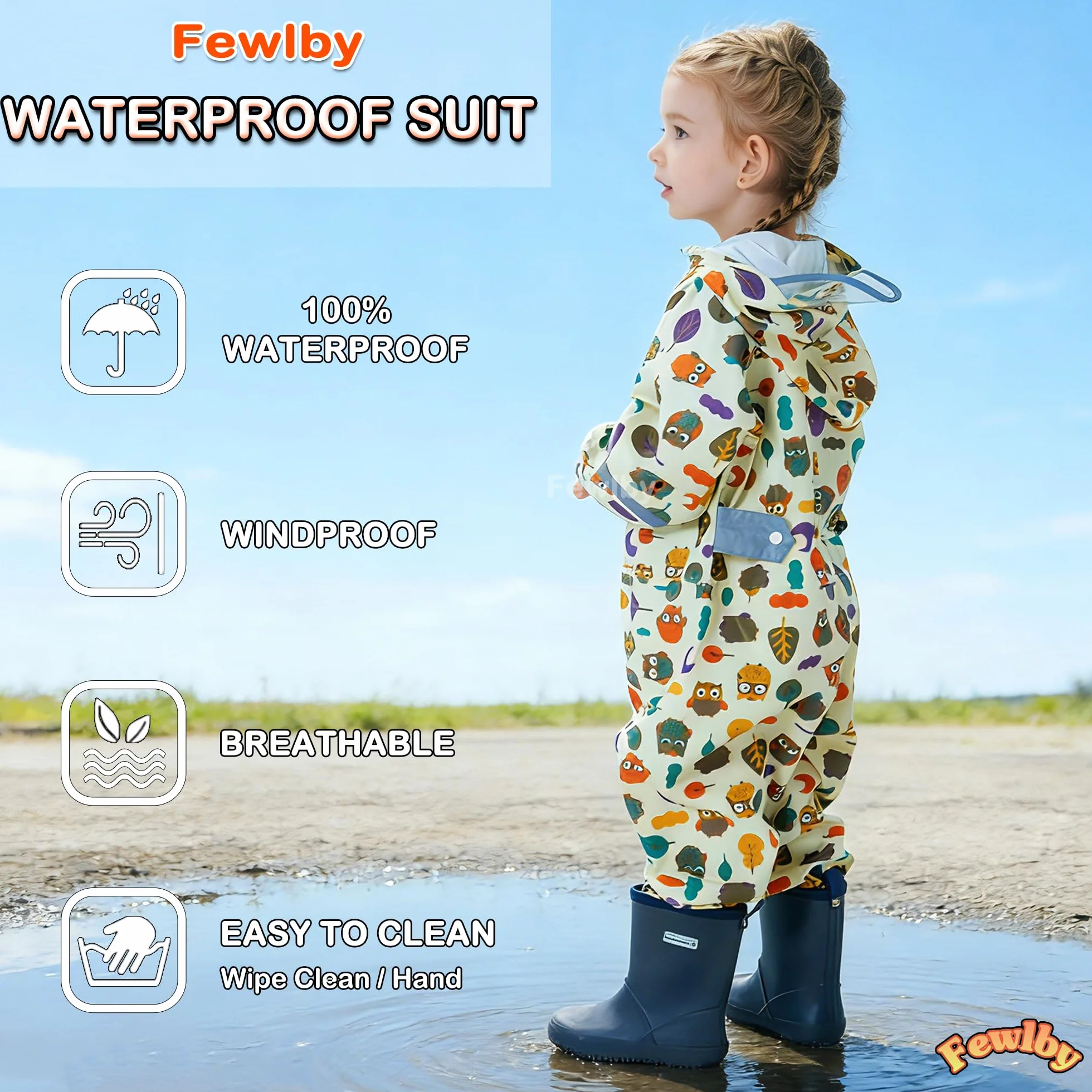 Fewlby Chubasquero Impermeable Niños Poncho de Lluvia Niñas Chaqueta Impermeable Ligero Abrigos de Lluvia Mono Impermeable con Capucha Traje de Lluvia 1-10 Años