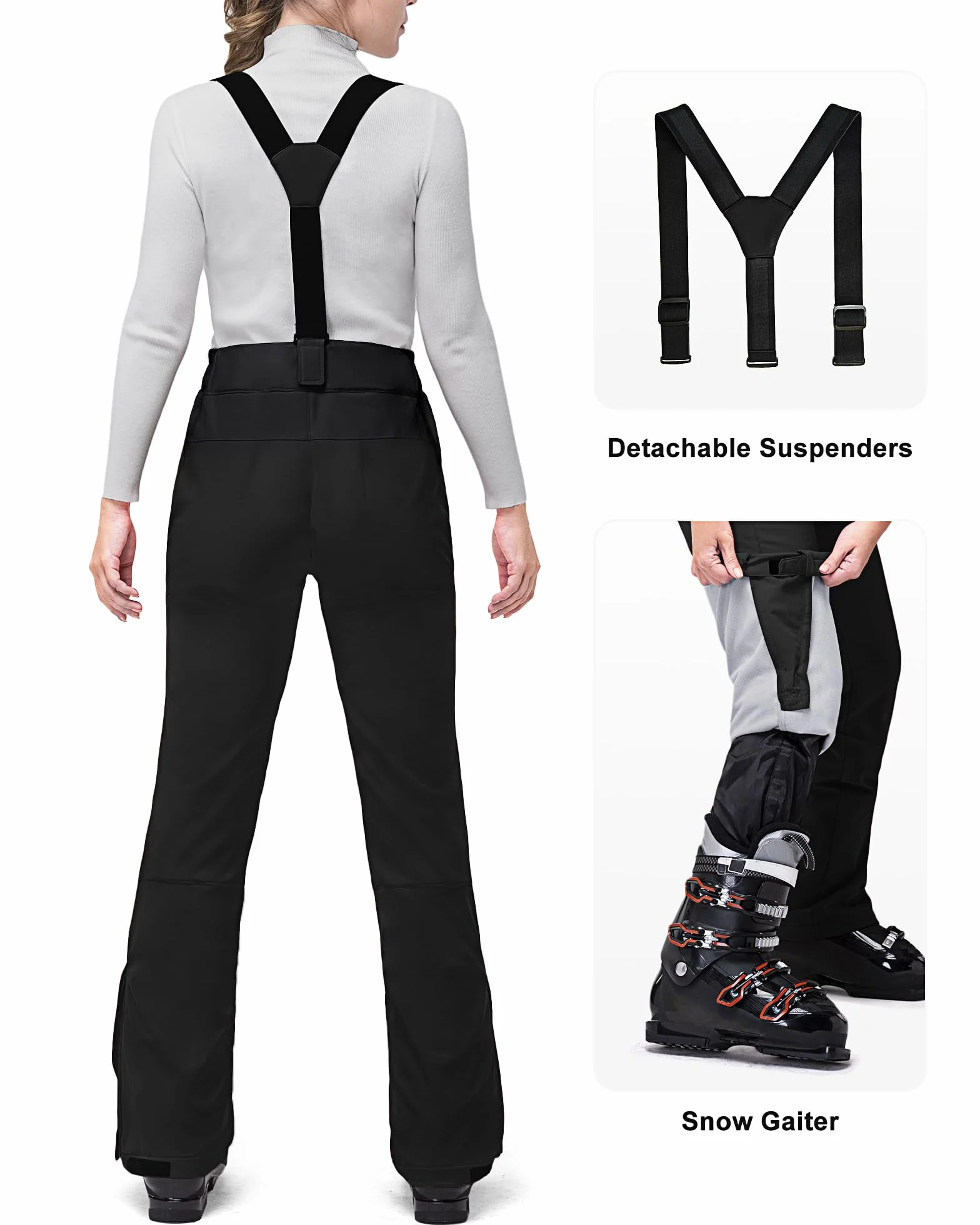 33,000ft Pantalones de esquí para mujer, pantalones con tirantes, impermeables, resistentes al viento, de softshell, cálidos, forrados, para nieve, snowboard, esquí o senderismo, Negro , L