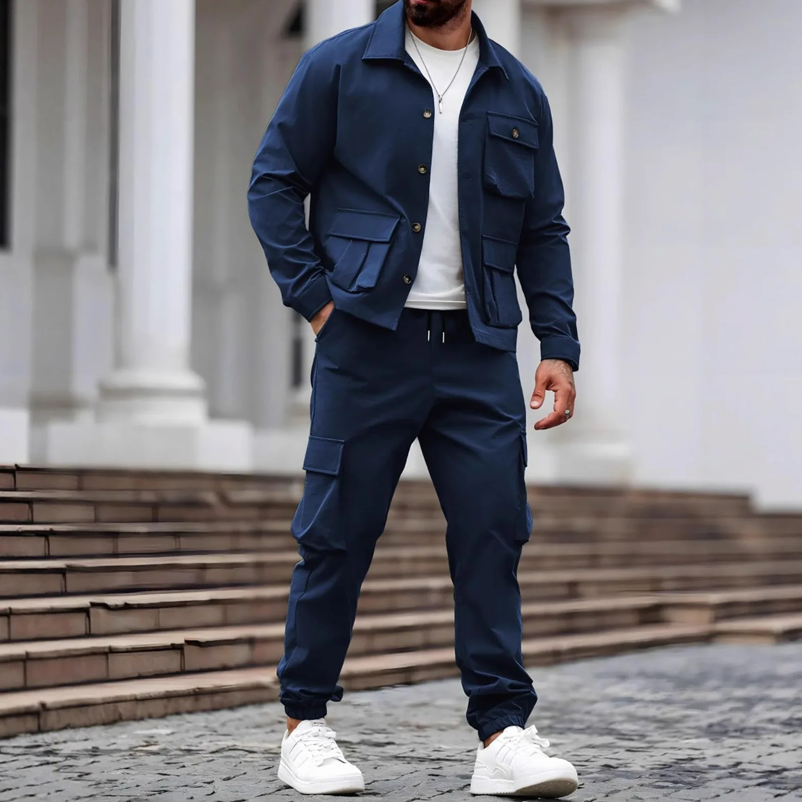 Conjunto completo de chándal para hombre, 2 piezas, chaqueta tipo | Conjuntos de entrenamiento elásticos, pantalones de escalada y camisetas de entrenamiento, con múltiples bolsillos