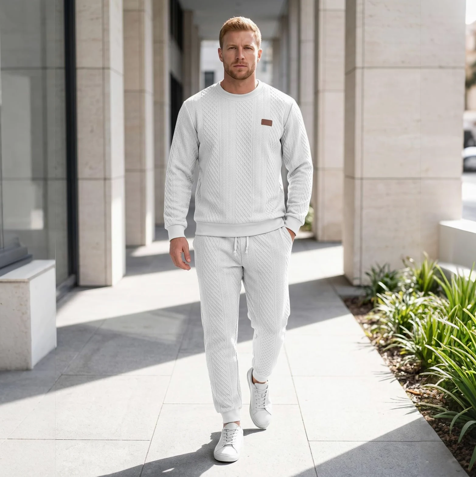 Conjunto de chándal de dos piezas de cuello redondo para hombre | Conjunto completo de sudadera y pantalones deportivos de cintura elástica, estilo casual, texturizados, ajuste holgado
