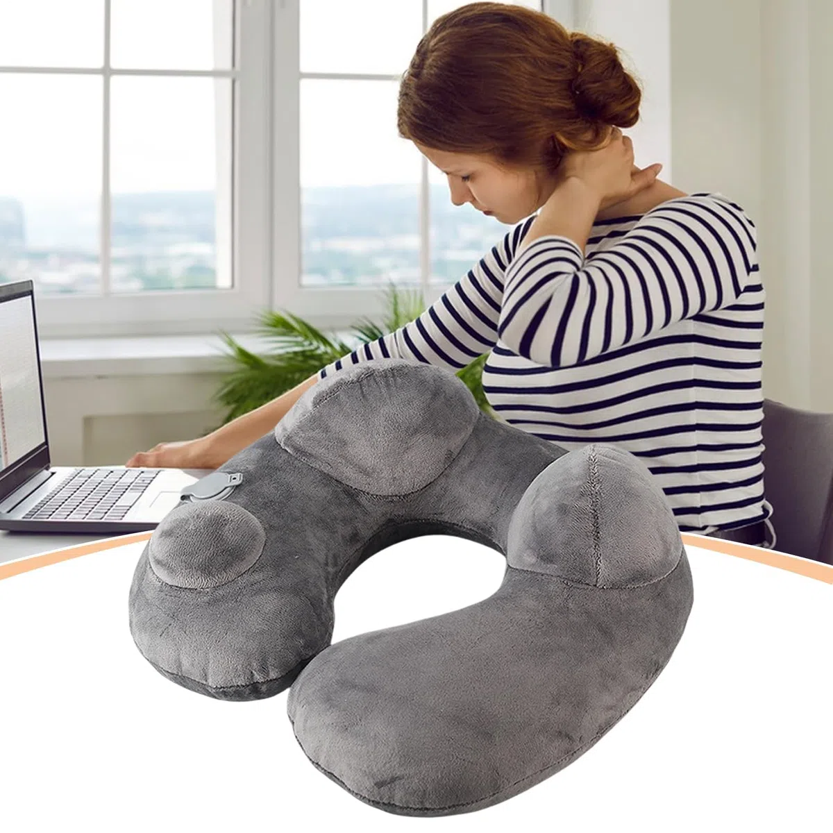 Almohada inflable de viaje para el cuello, reposacabezas ergonómico con bomba manual, funda lavable, bolsa compacta, solución de descanso perfecta para avión, coche, viaje por carretera, camping