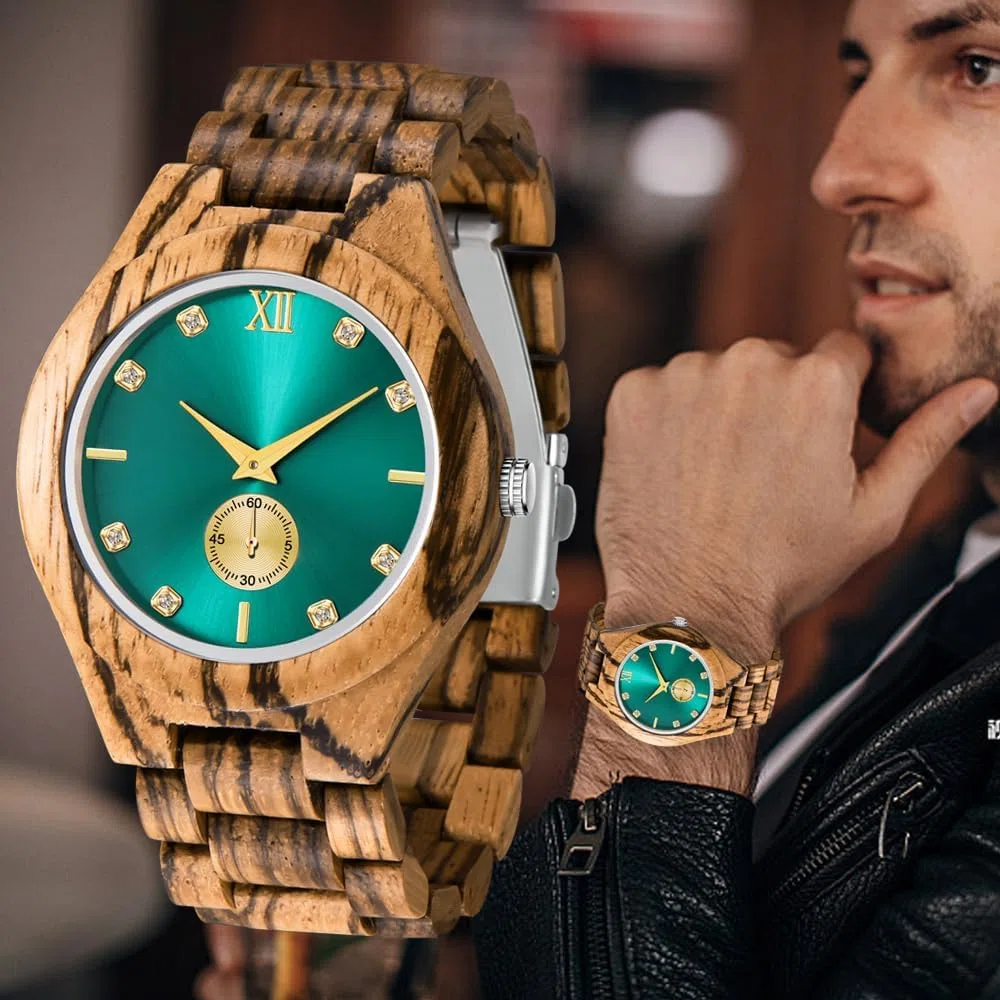 Tiong Reloj de madera para hombre de madera de bambú invertido Geométrico Invertido Reloj de cuarzo analógico para hombres Relojes de madera hechos a mano, Wq1242-marrón, Retro