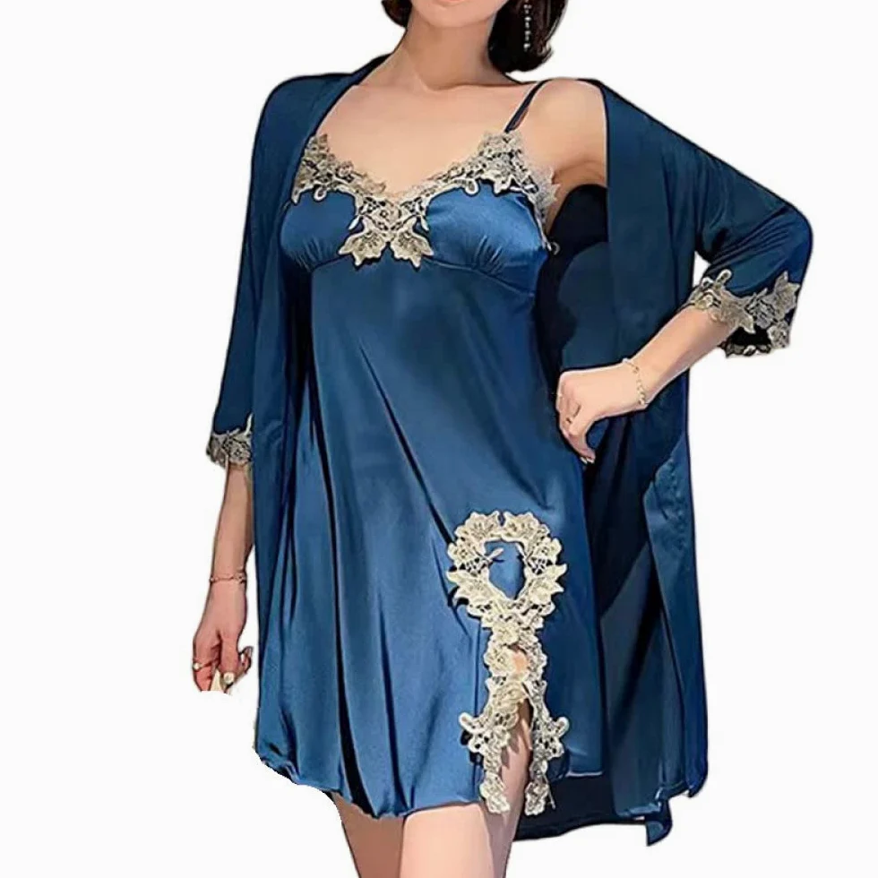 OZEO Albornoz Mujer,Albornoz Kimono Satén Dos Piezas, Encaje Vintage Azul, con Cordones, Corta, Conjunto Pijama con Cuello En V Sexy, Babydoll, Novia Lujosa, Ropa Dormir Bade