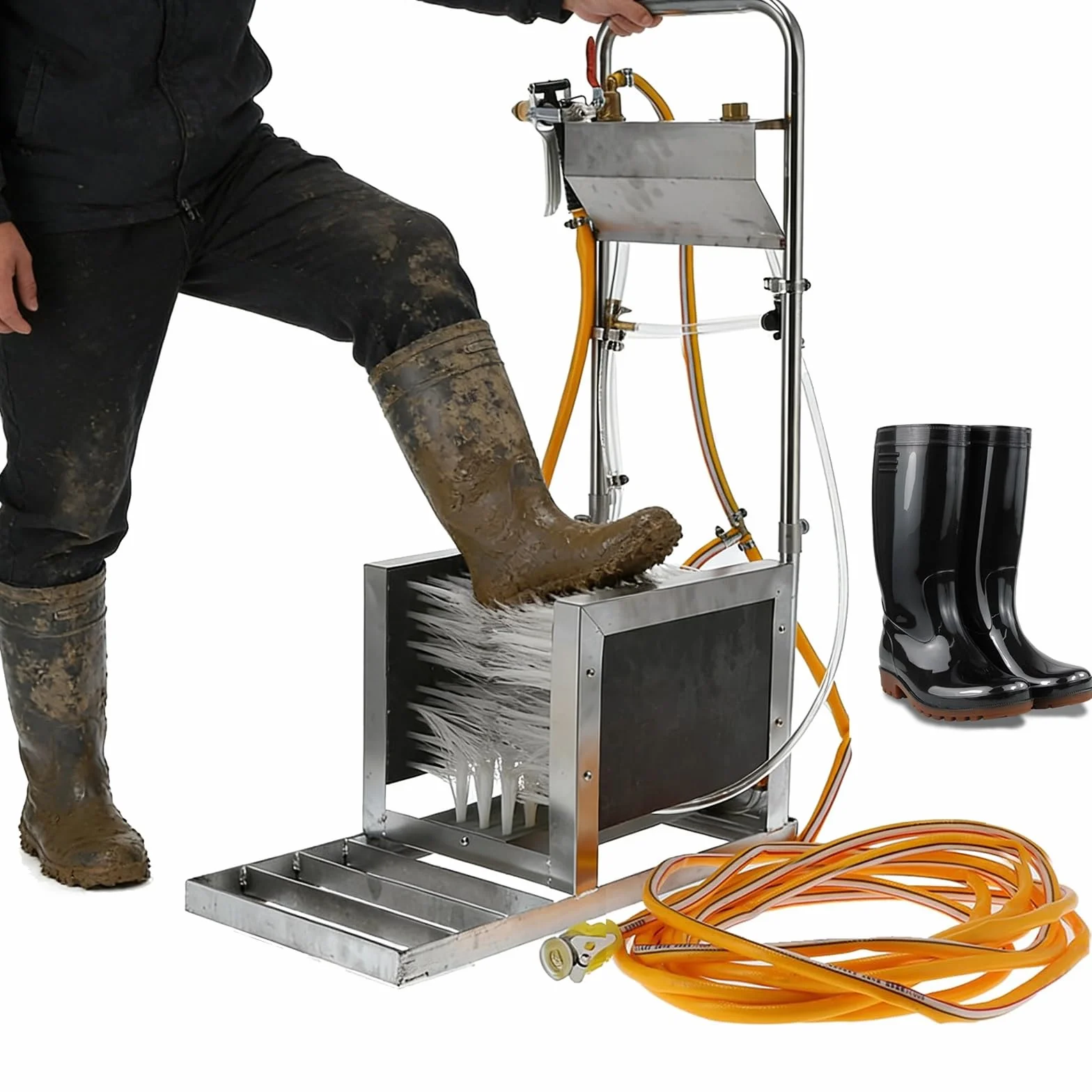 Limpiador automático de botas, limpiador de zapatos de acero inoxidable con pistola de pulverización de agua de 10 m, removedor de barro de limpieza profunda para ganadería, lavadora de calzado al