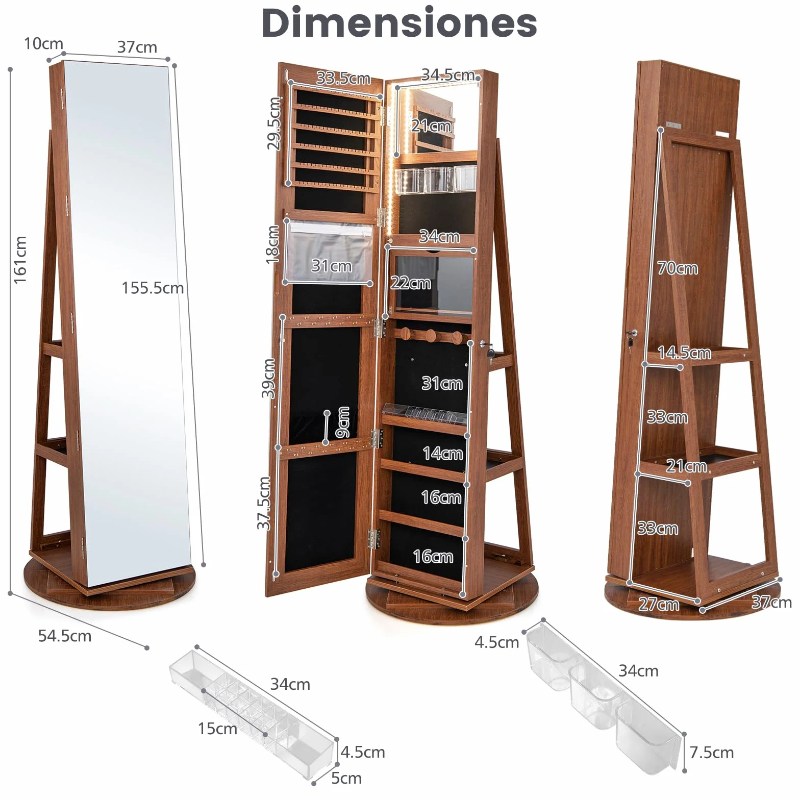 RELAX4LIFE Armario para joyas 3 en 1 con espejo LED giratorio 360° y 3 estantes (marrón)