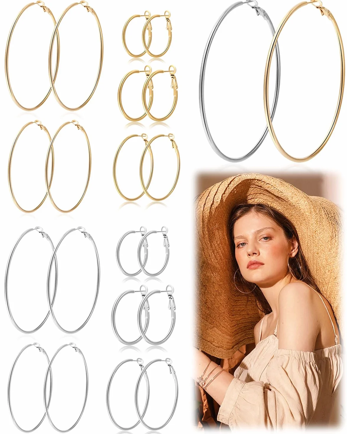 Pendientes de Aro Acero Inoxidable 30-70mm Ganchos para Creación de Joyas DIY Oro Plata