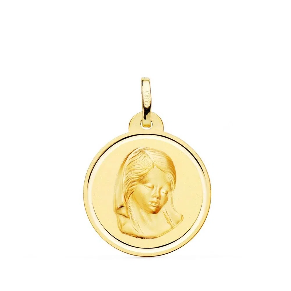 Virgen Niña Primera Comunión Medalla Oro 18k redonda 20mm. bisel liso