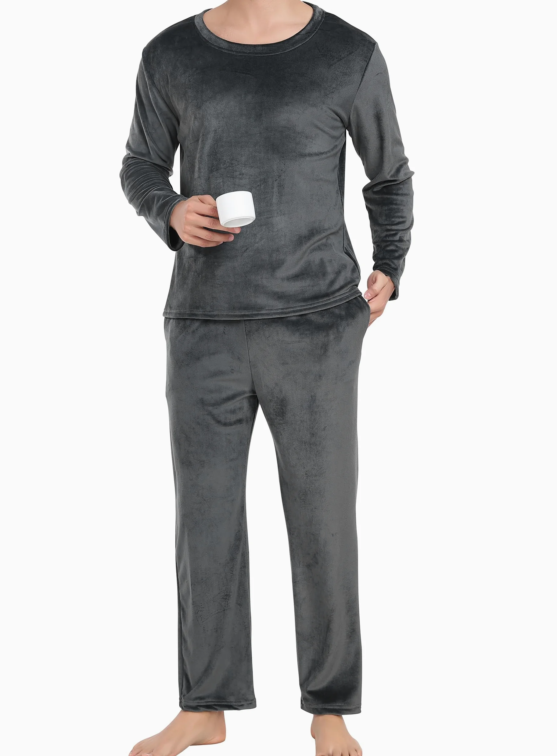 Lovasy Pijama Hombre Invierno Terciopelo Polar Conjunto Mangas Largas Cálida Pijamas con Bolsillos